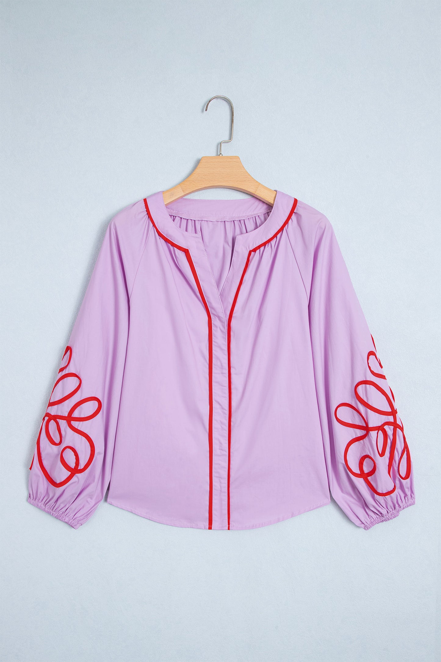 Orchid Bouquet Contrast Detail Long Sleeve Decorative Neckline Cotton Blouse-Tops/Blouses & Shirts-[Adult]-[Female]-2022 Online Blue Zone Planet