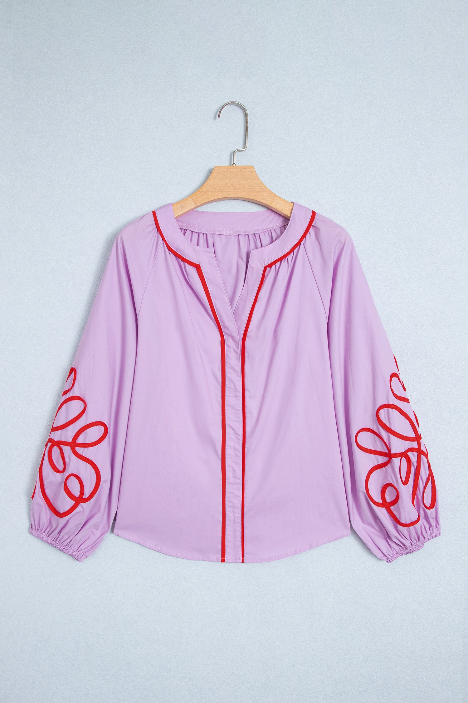 Orchid Bouquet Contrast Detail Long Sleeve Decorative Neckline Cotton Blouse-Tops/Blouses & Shirts-[Adult]-[Female]-2022 Online Blue Zone Planet