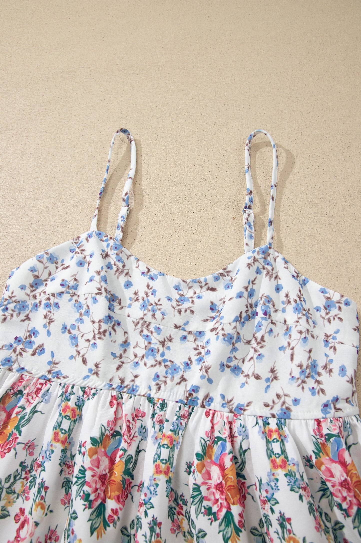 White Contrast Floral Printed Patchwork Spaghetti Straps Babydoll Top-Tops/Tank Tops-[Adult]-[Female]-2022 Online Blue Zone Planet