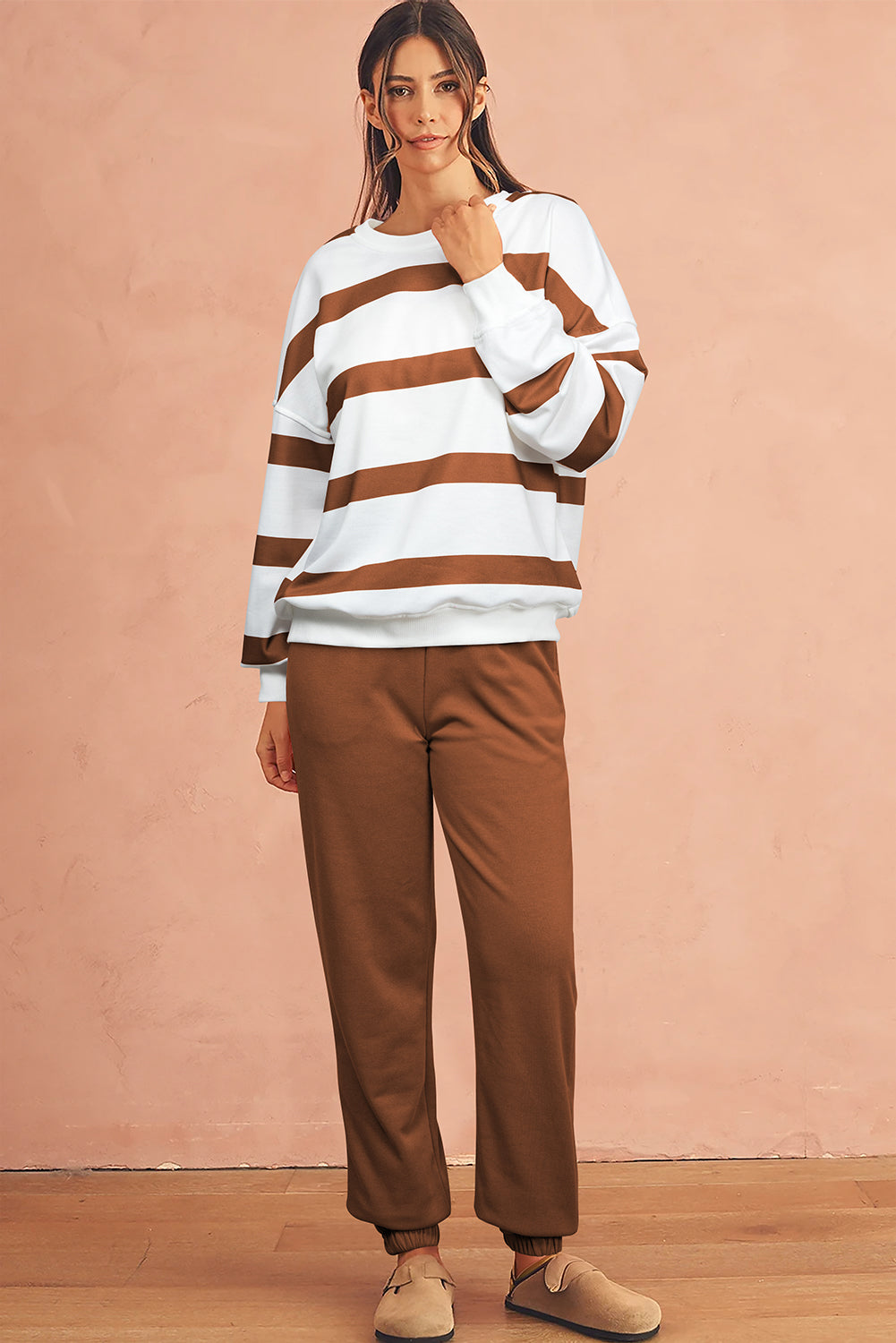 Blue Zone Planet | Light French Beige Striped Drop Shoulder Pullover and Joggers Set-Two Piece Pants Sets-[Adult]-[Female]-2022 Online Blue Zone Planet