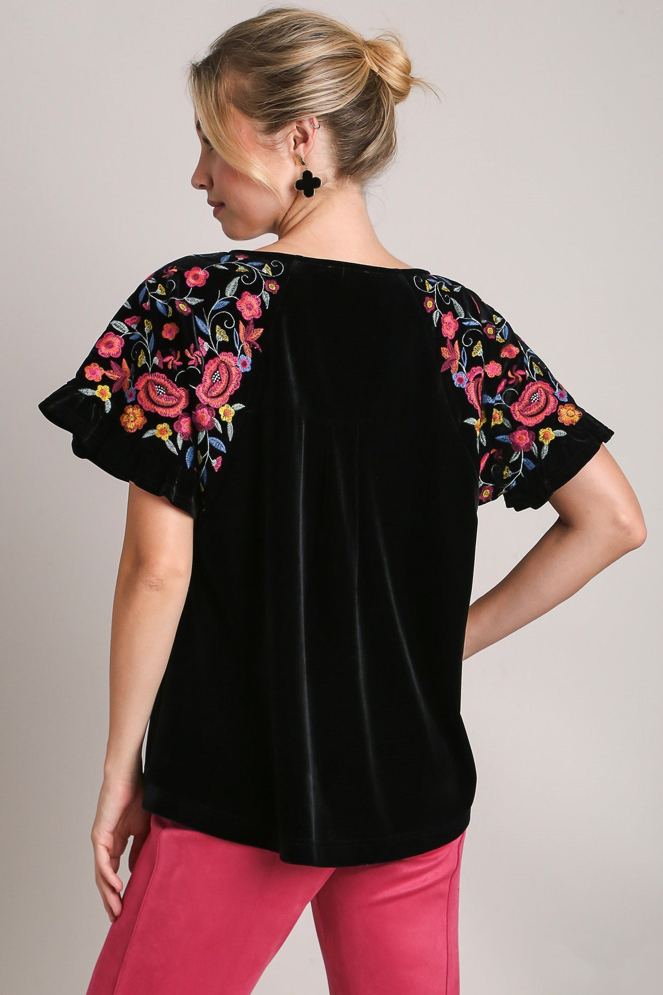 Blue Zone Planet | Umgee Full Size Velvet Embroidery Short Sleeve Blouse-TOPS / DRESSES-[Adult]-[Female]-2022 Online Blue Zone Planet