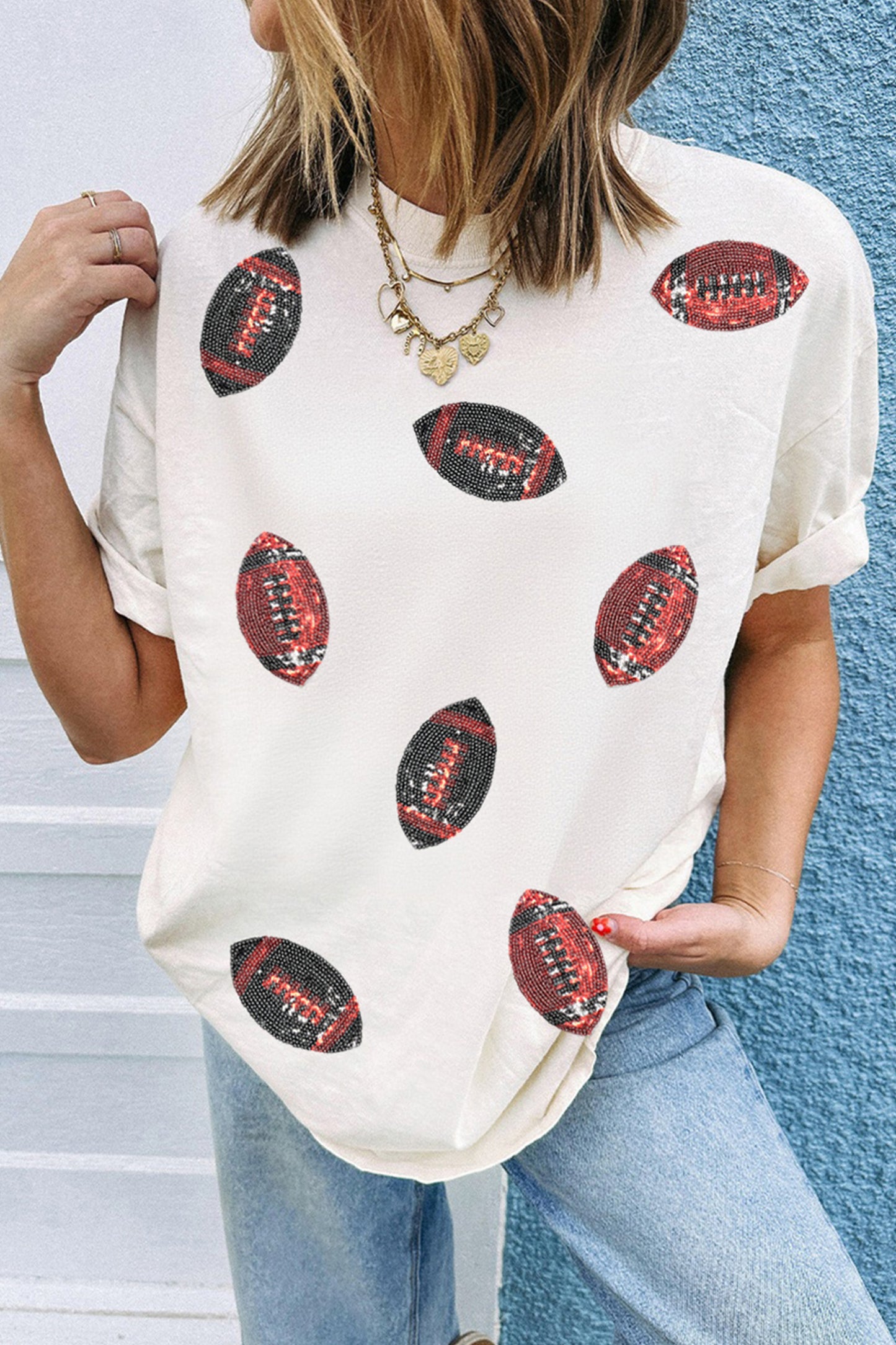 White Sequin Rugby Pattern Round Neck Casual T Shirt