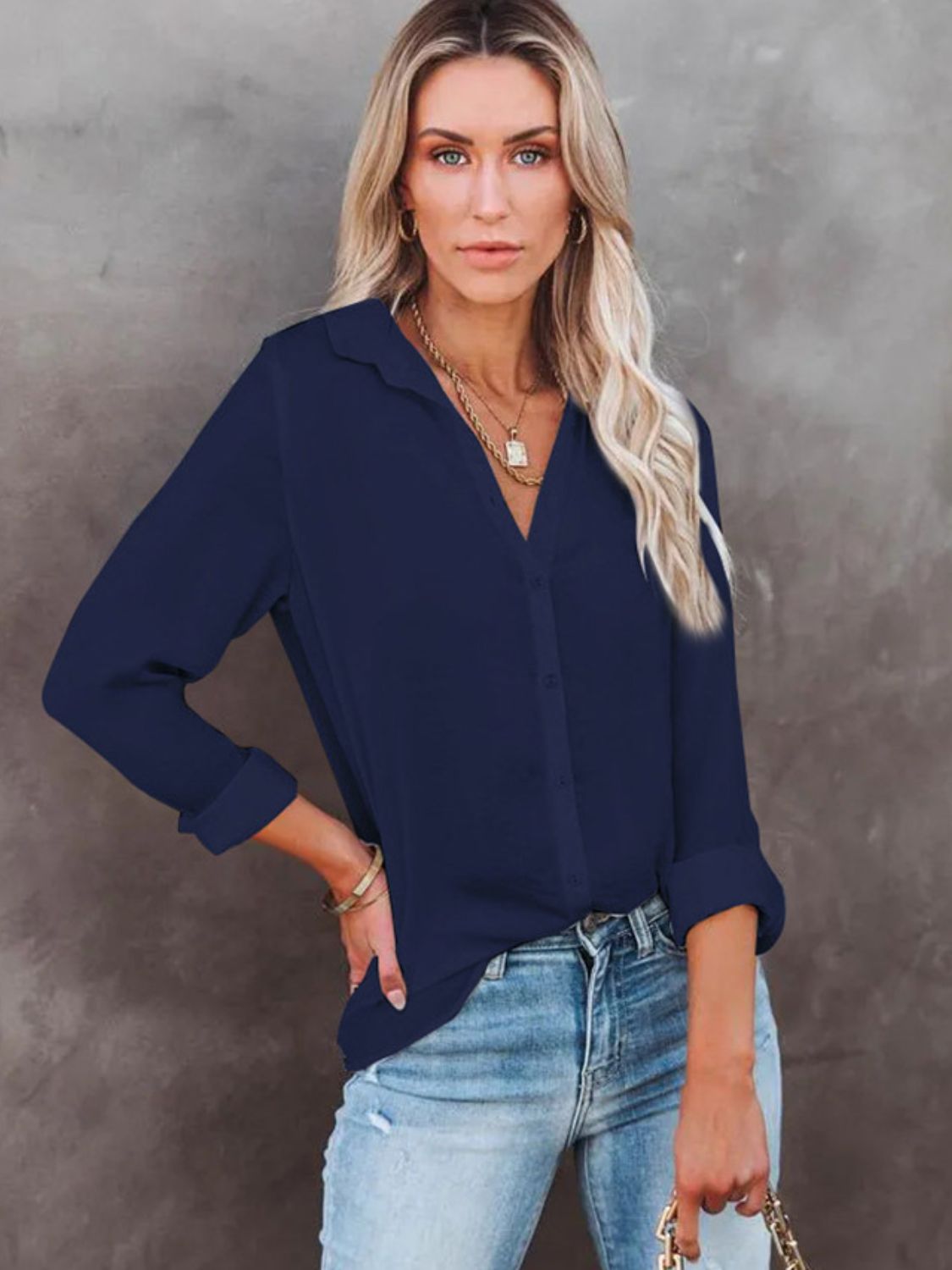 Button Down Collared Neck Long Sleeve Shirt-TOPS / DRESSES-[Adult]-[Female]-2022 Online Blue Zone Planet