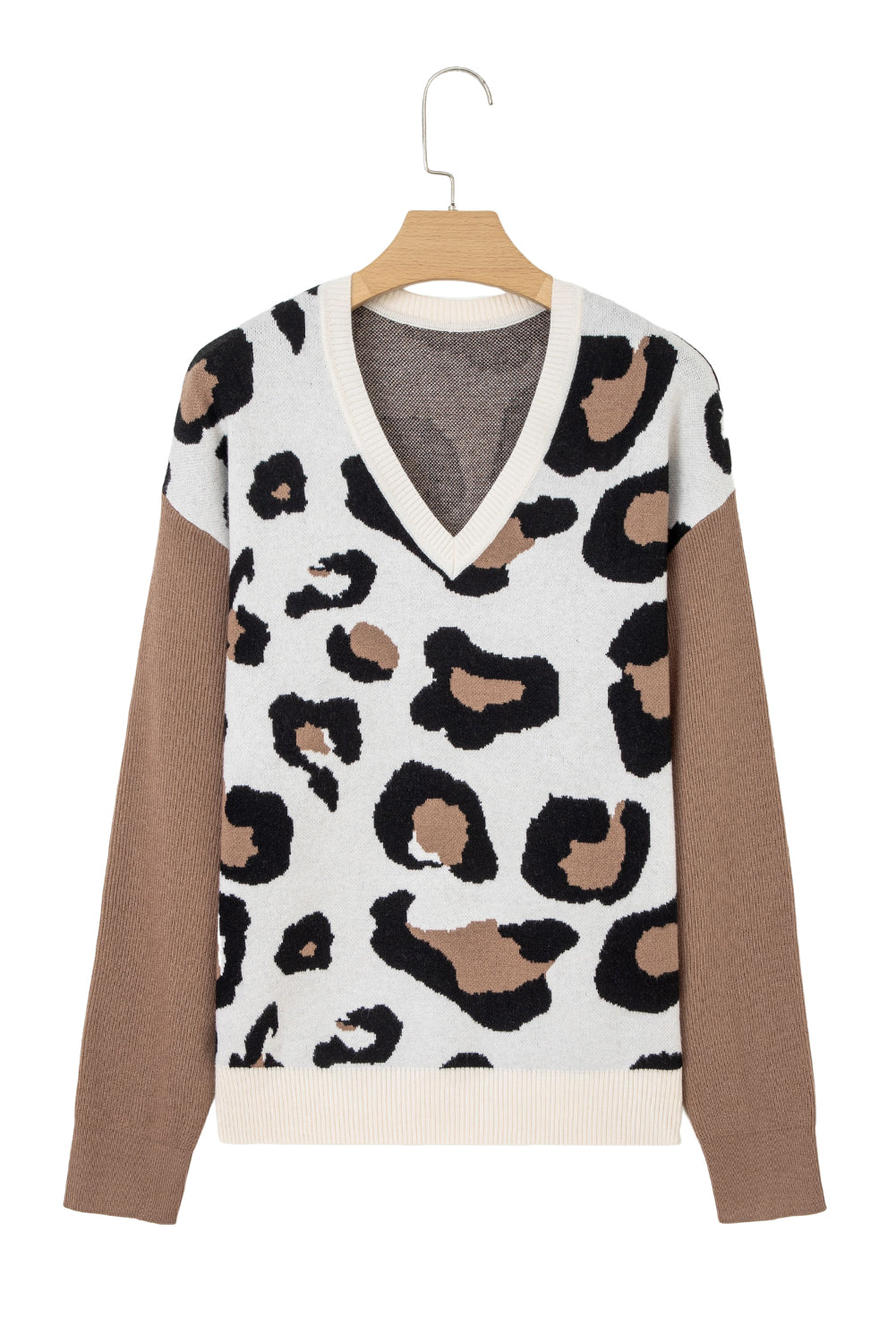 Jet Stream Leopard Print Color Block Patchwork Sleeve V Neck Sweater-Sweaters & Cardigans/Sweaters-[Adult]-[Female]-2022 Online Blue Zone Planet