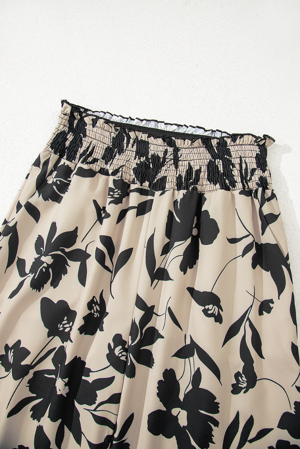 Khaki Floral Print Smocked High Waist Wide Leg Pants-Bottoms/Pants & Culotte-[Adult]-[Female]-2022 Online Blue Zone Planet