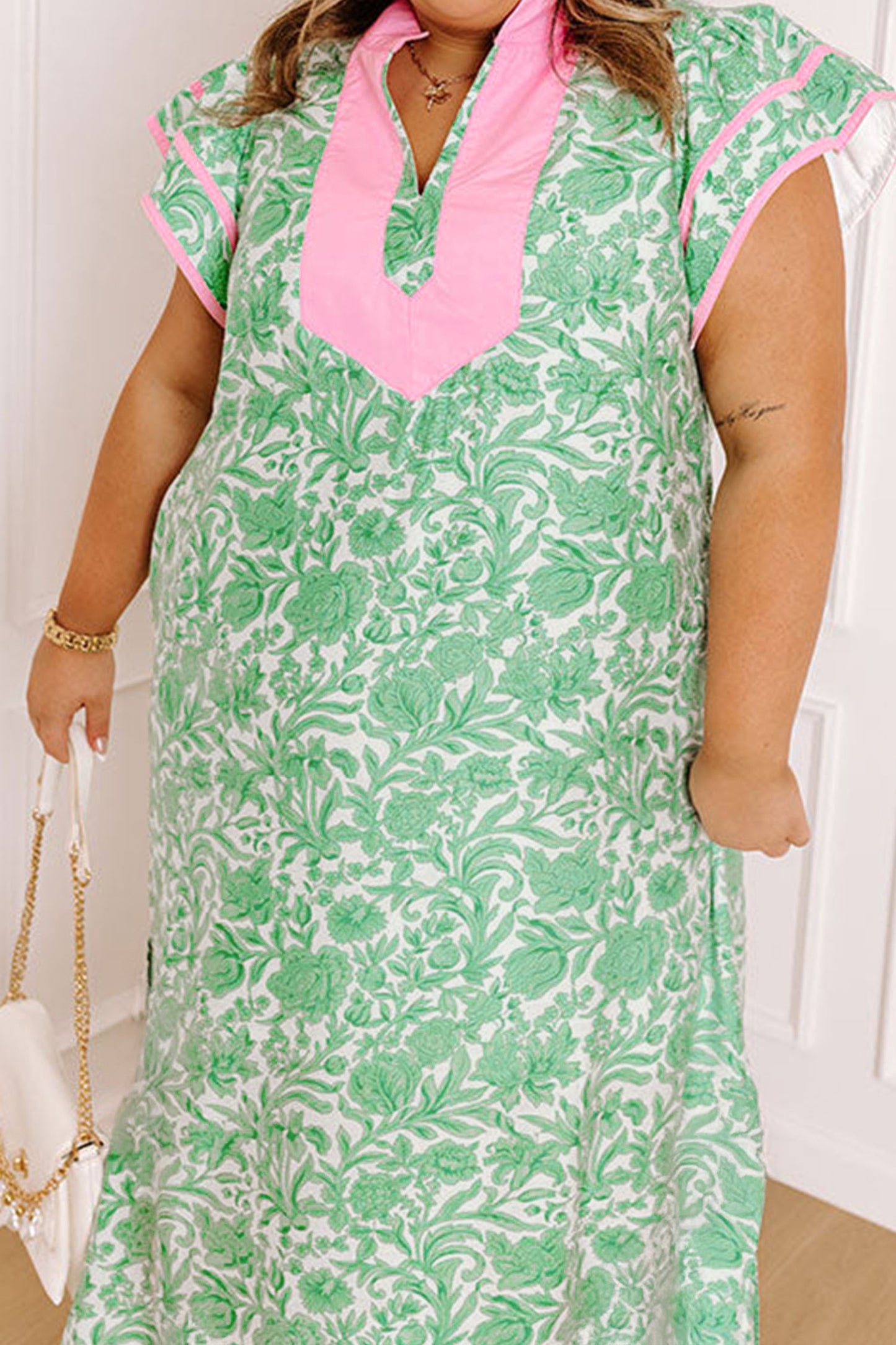 Green Plus Size Contrast Trim Flutter Sleeve Floral Kaftan Maxi Dress-TOPS / DRESSES-[Adult]-[Female]-2022 Online Blue Zone Planet