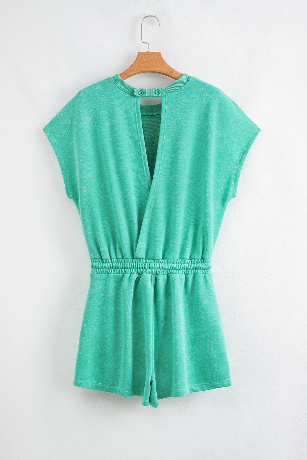Sea Green Mineral Wash Drawstring Waist Hollow Out Back Short Sleeve Romper-Bottoms/Jumpsuits & Rompers-[Adult]-[Female]-2022 Online Blue Zone Planet