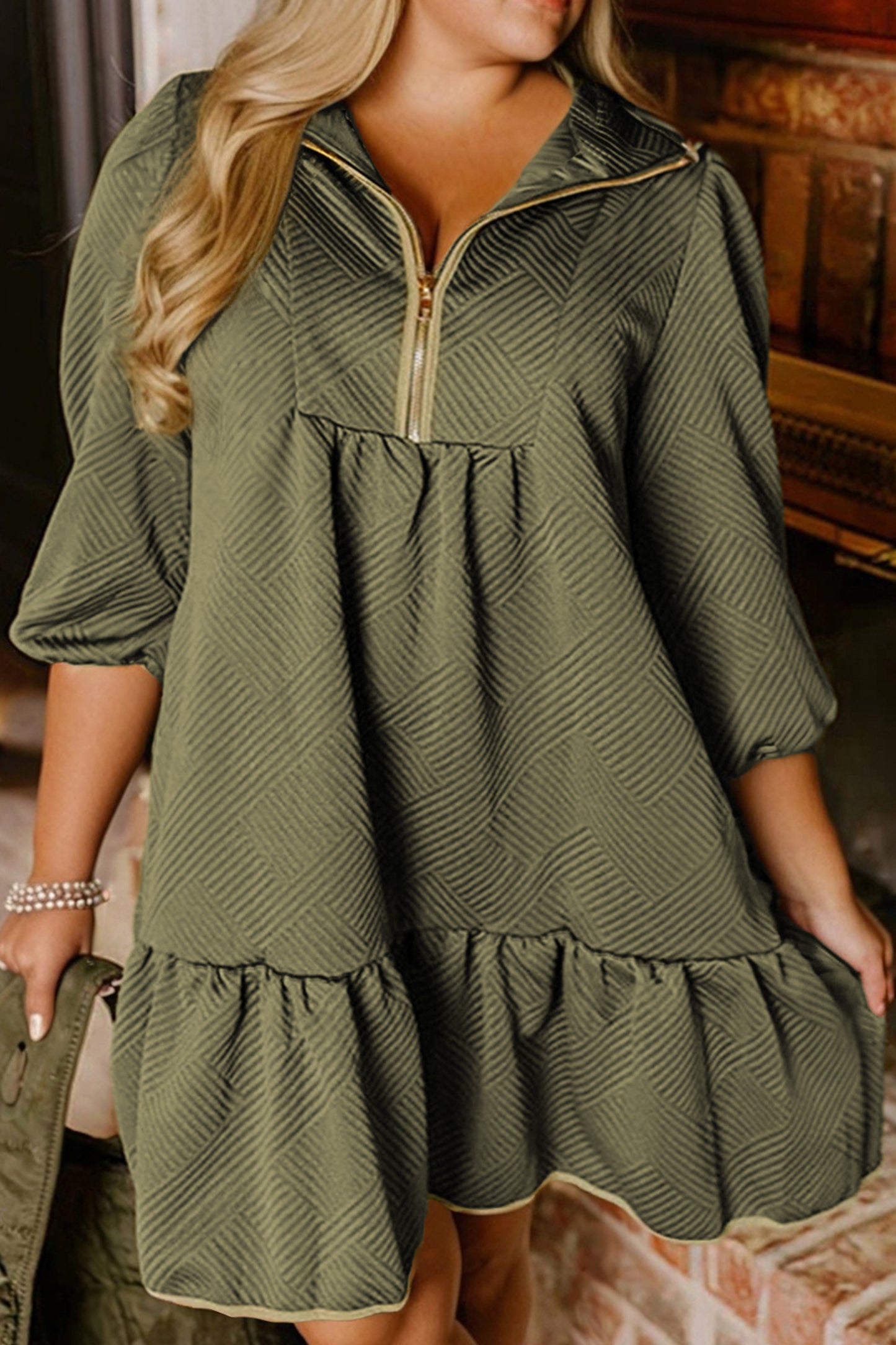 Jungle Green Plus Size Textured Contrast Trim Quarter Zip Bracelet Sleeve Mini Dress-Bracelet-[Adult]-[Female]-2022 Online Blue Zone Planet