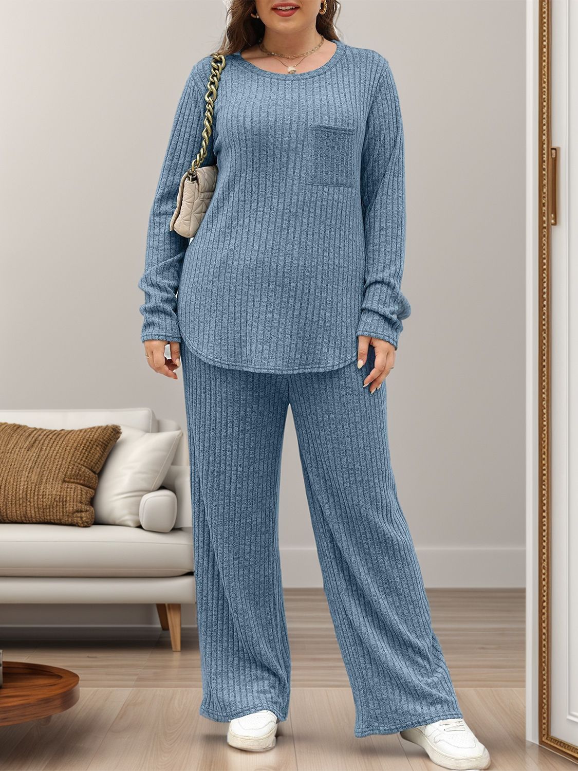 Round Neck Long Sleeve Top and Pants Set-TOPS / DRESSES-[Adult]-[Female]-2022 Online Blue Zone Planet