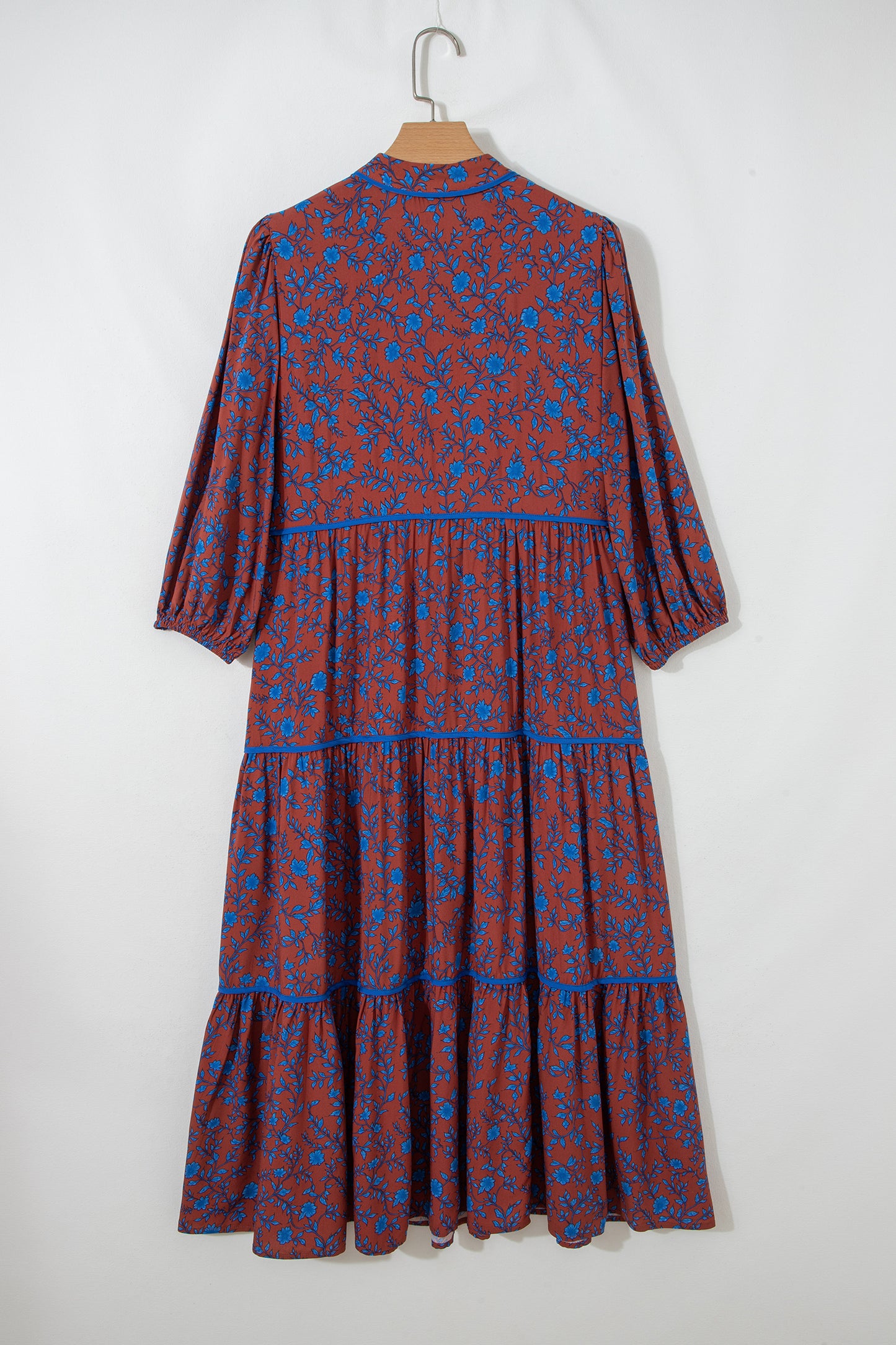 Brown 3/4 Puff Sleeve Tiered Loose Floral Dress-TOPS / DRESSES-[Adult]-[Female]-2022 Online Blue Zone Planet