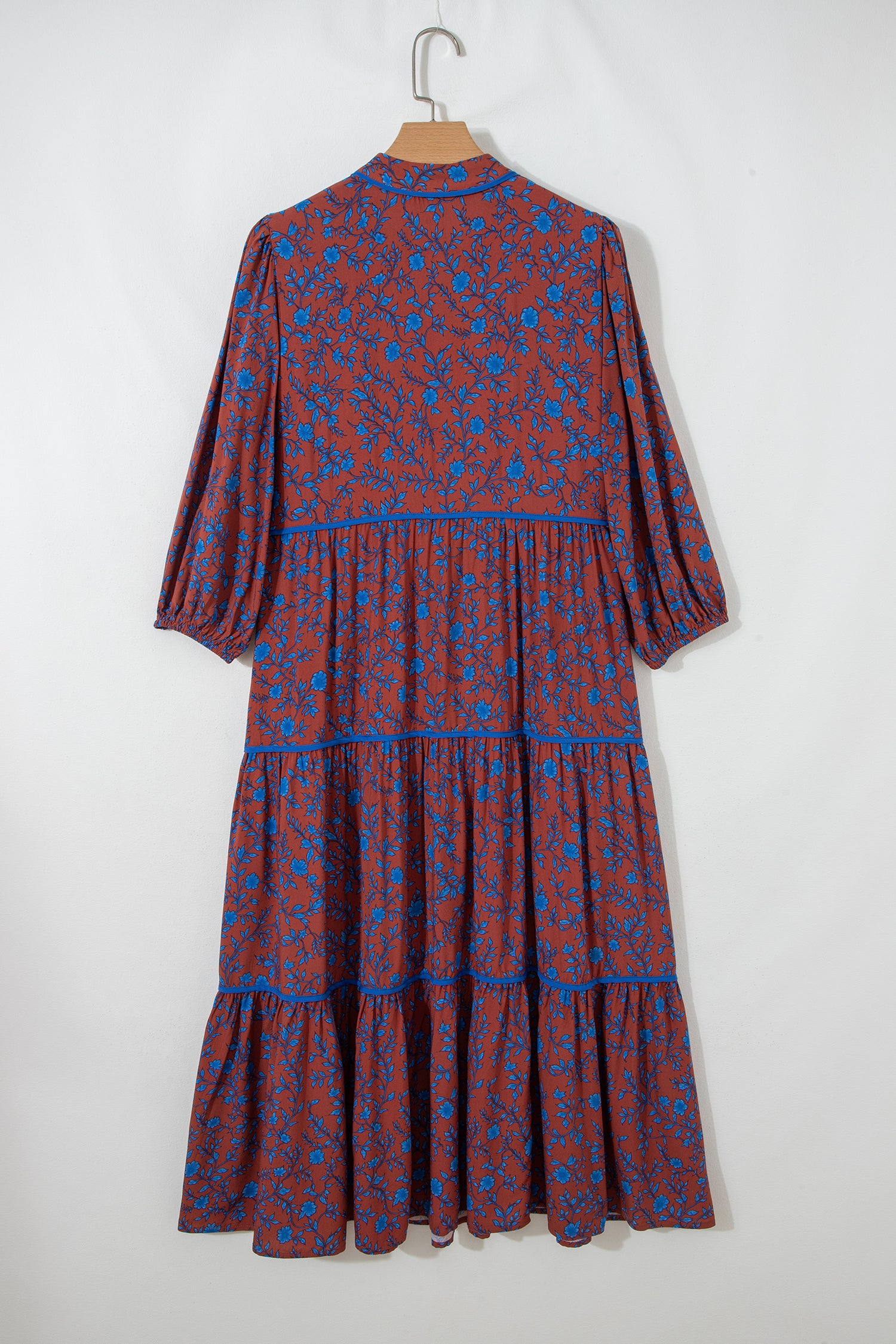 Brown 3/4 Puff Sleeve Tiered Loose Floral Dress-TOPS / DRESSES-[Adult]-[Female]-2022 Online Blue Zone Planet