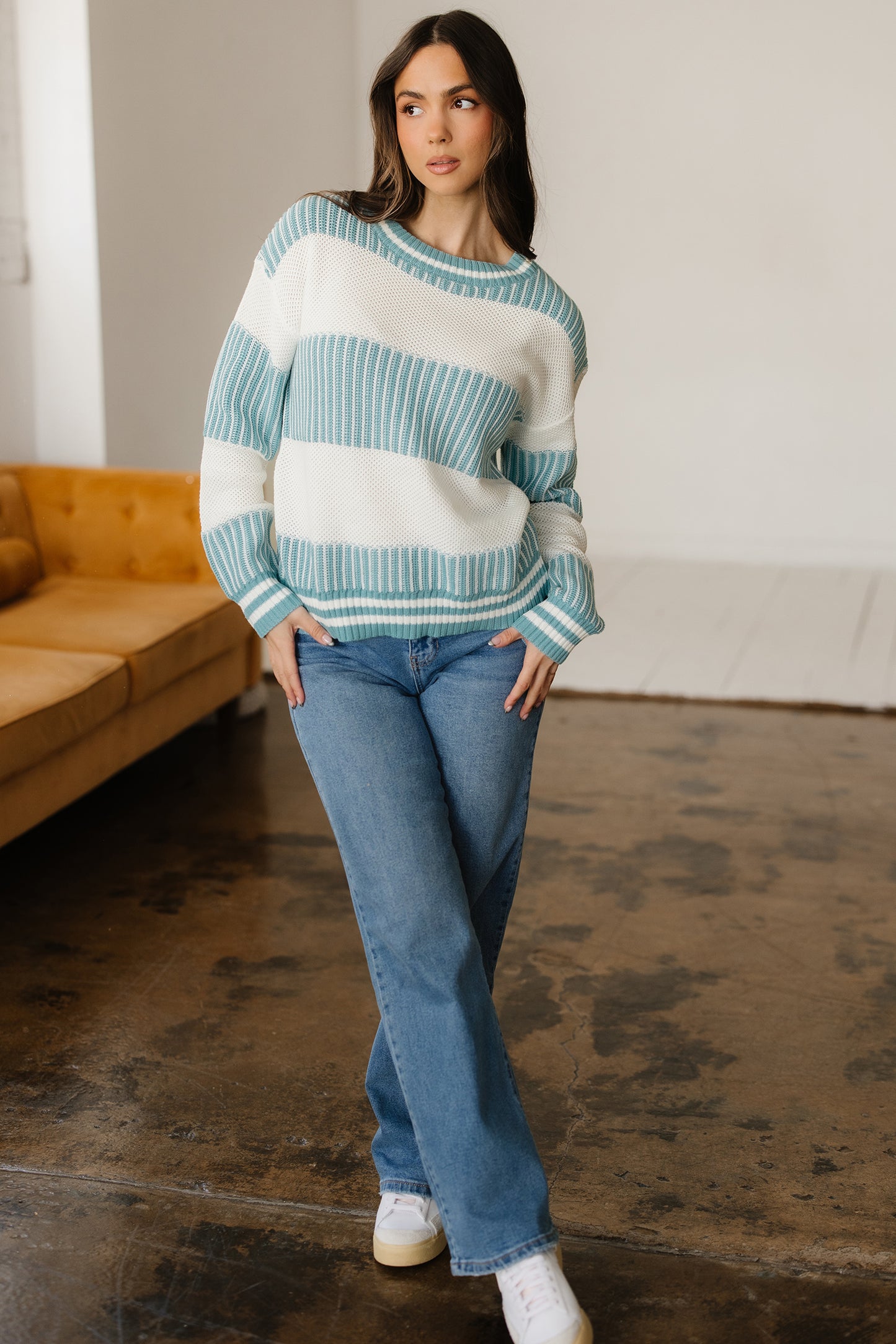 Bella's Striped Patchwork Drop Shoulder Oversized Sweater-TOPS / DRESSES-[Adult]-[Female]-2022 Online Blue Zone Planet