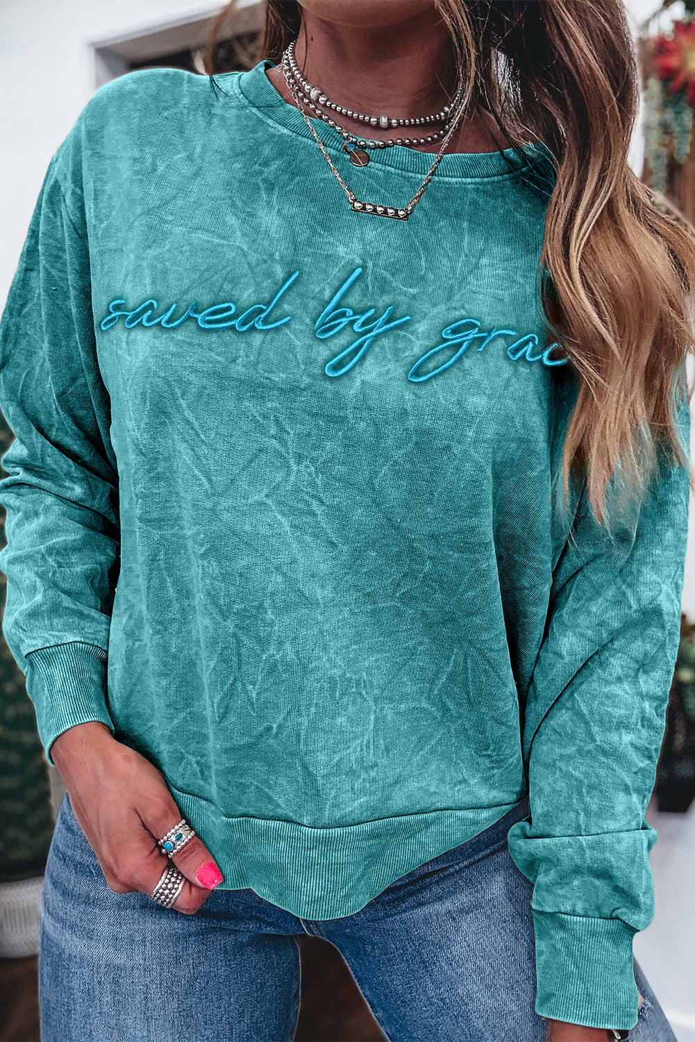 High-Rise Saved By Grace Letter Embroidery Mineral Wash Loose Sweatshirt-Tops/Sweatshirts & Hoodies-[Adult]-[Female]-2022 Online Blue Zone Planet