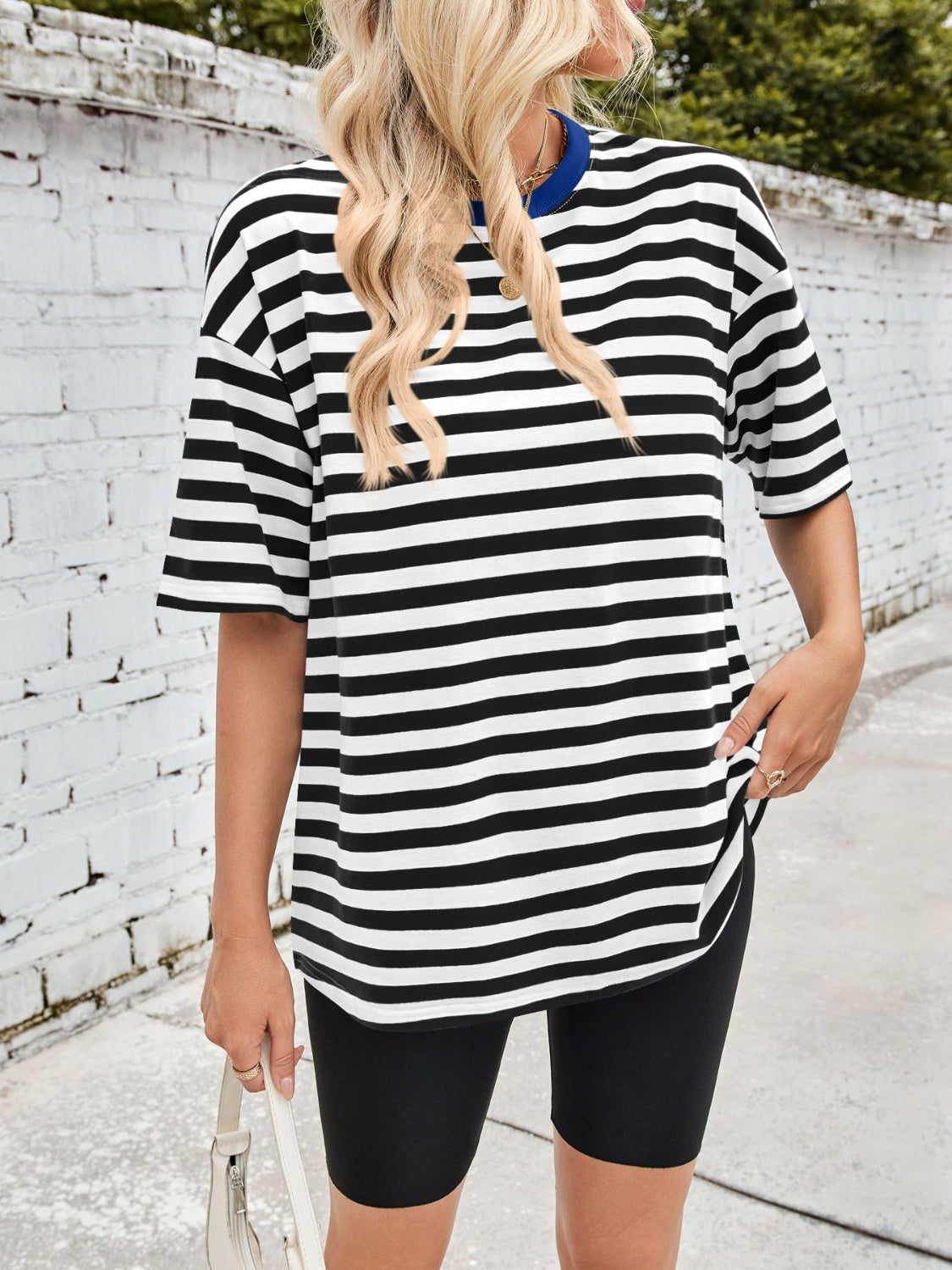 Lovelet Striped Round Neck Half Sleeve T-Shirt-TOPS / DRESSES-[Adult]-[Female]-2022 Online Blue Zone Planet