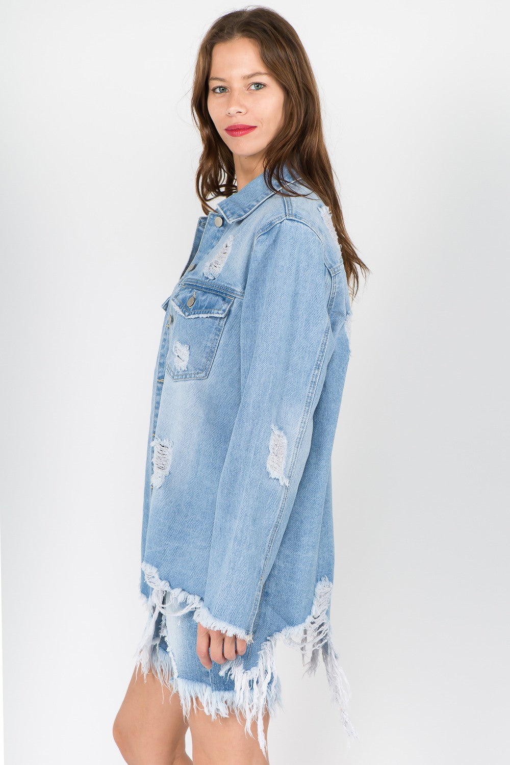 American Bazi Distressed Frayed Hem Denim Jacket-TOPS / DRESSES-[Adult]-[Female]-2022 Online Blue Zone Planet