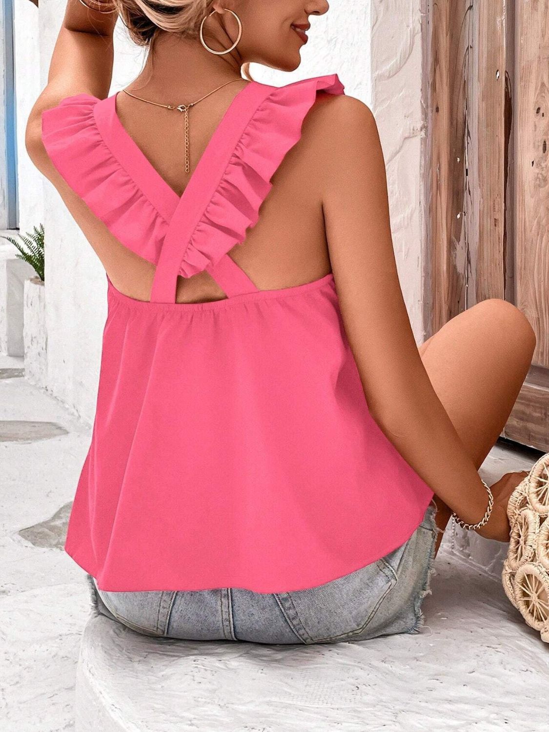 Crisscross Back Ruffled Round Neck Cap Sleeve Blouse-TOPS / DRESSES-[Adult]-[Female]-Fuchsia Pink-S-2022 Online Blue Zone Planet