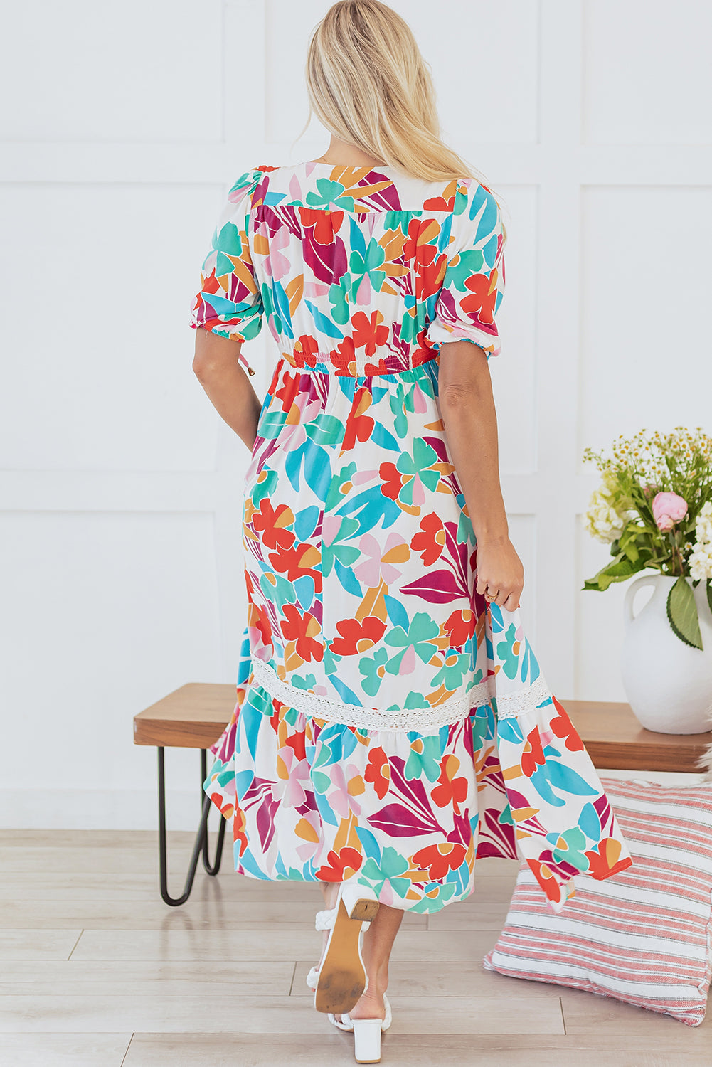 Rose Red Floral Knot Puff Sleeve V Neck Buttoned Front Split Lace Maxi Dress-TOPS / DRESSES-[Adult]-[Female]-2022 Online Blue Zone Planet