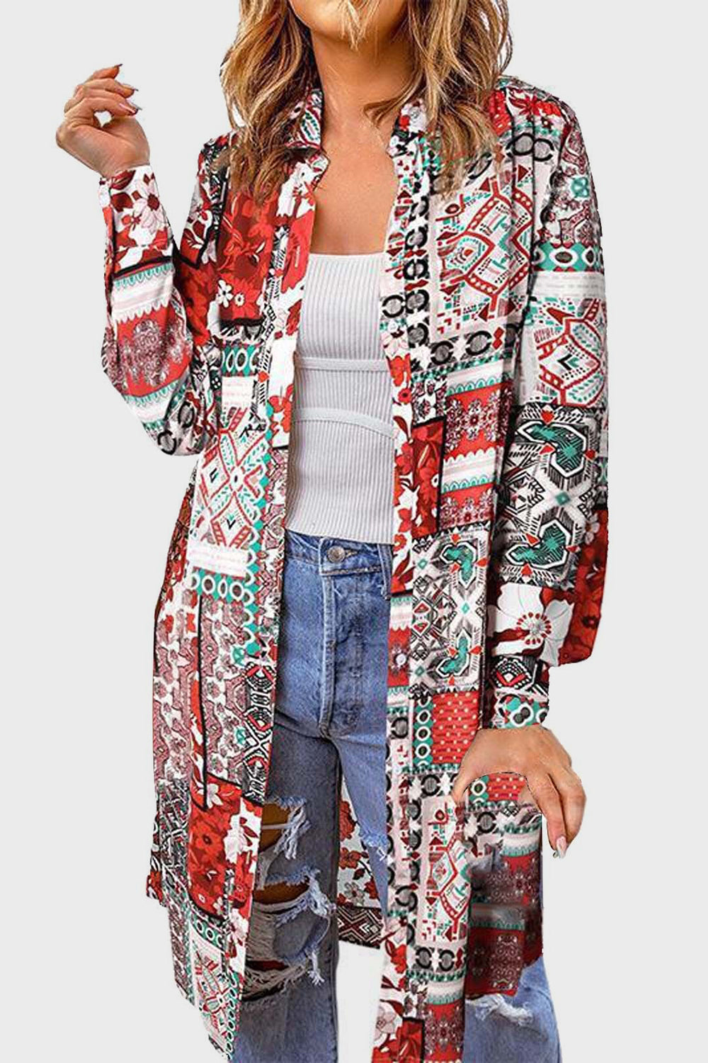 Printed Button Up Long Sleeve Cardigan-TOPS / DRESSES-[Adult]-[Female]-Deep Red-S-2022 Online Blue Zone Planet