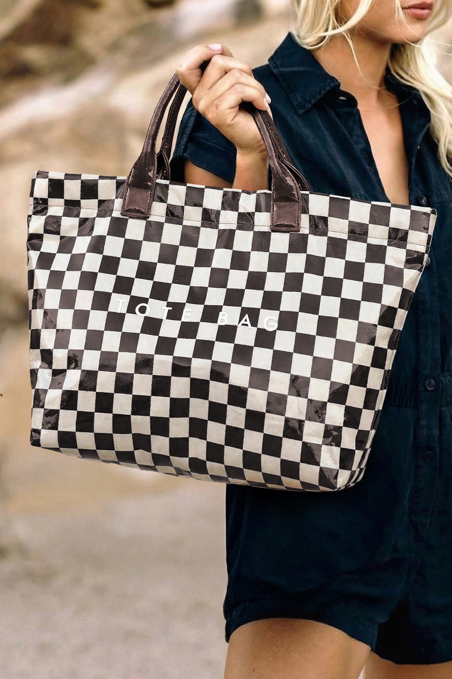 Black white Checkered Glossy PU Leather Tote Bag