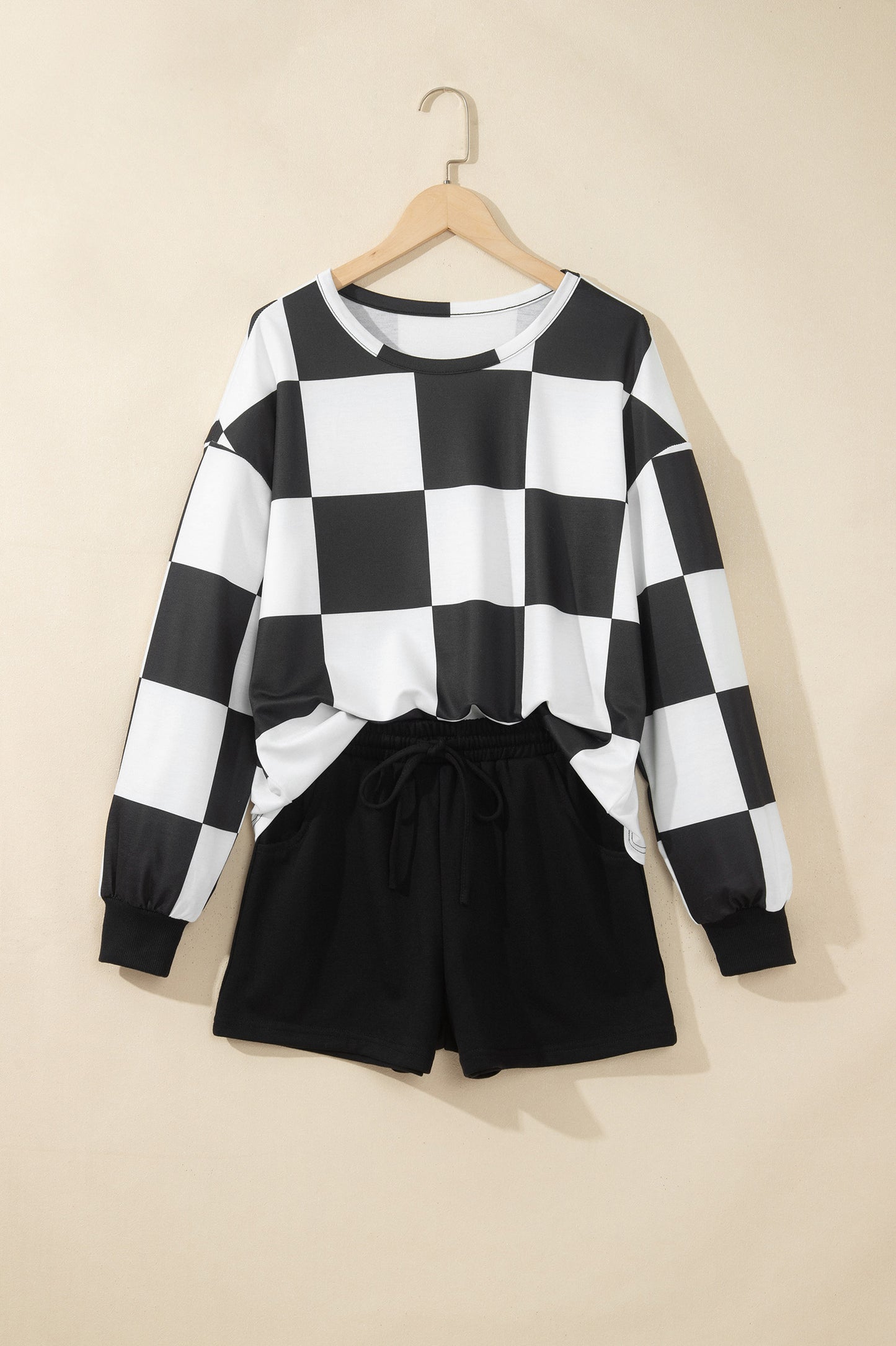 Khaki Checkerboard Plaid Long Sleeve Solid Color Shorts 2pcs Set-Two Piece Sets/Short Sets-[Adult]-[Female]-2022 Online Blue Zone Planet