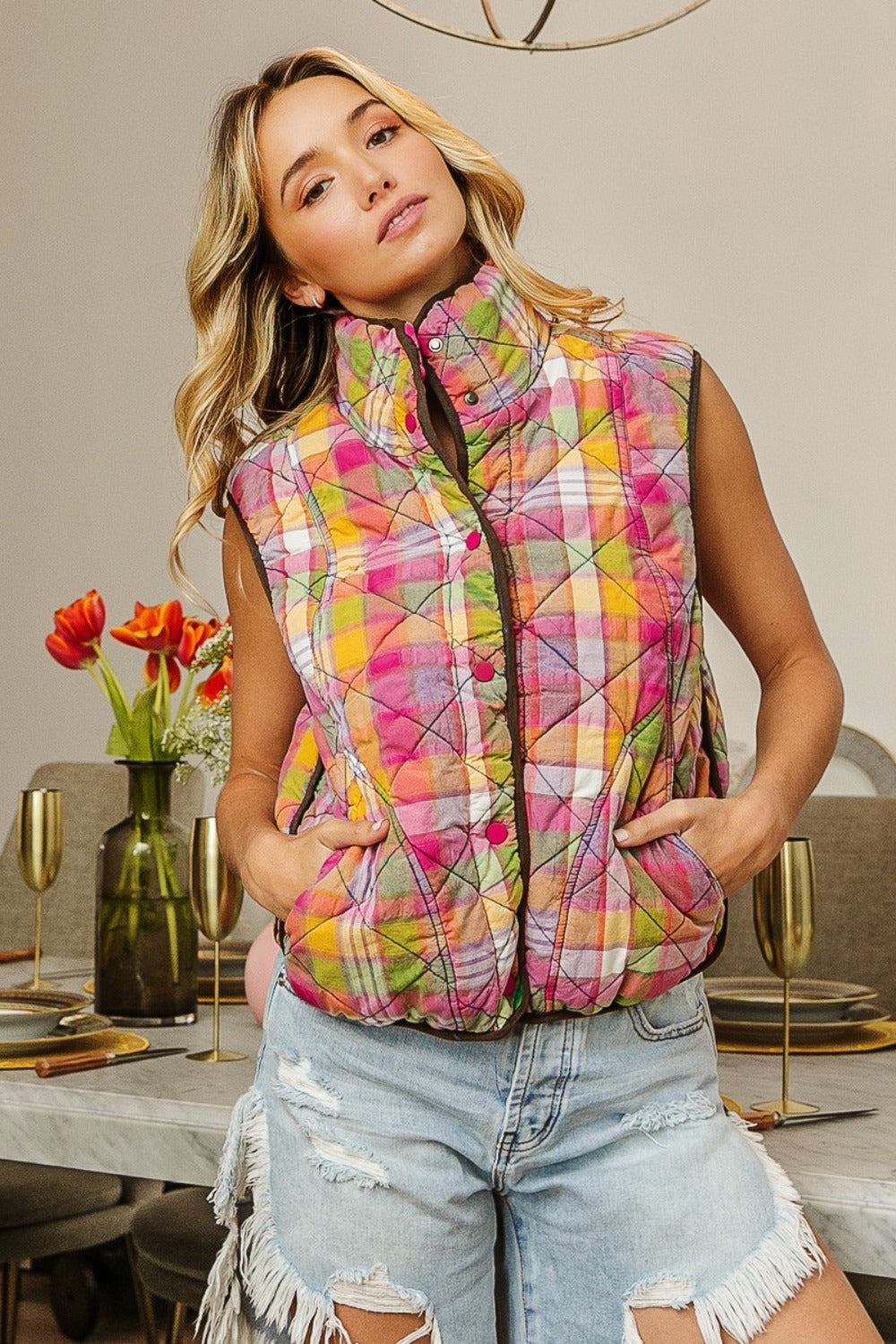 BiBi Quilted Washed Plaid Snap Down Vest-TOPS / DRESSES-[Adult]-[Female]-2022 Online Blue Zone Planet