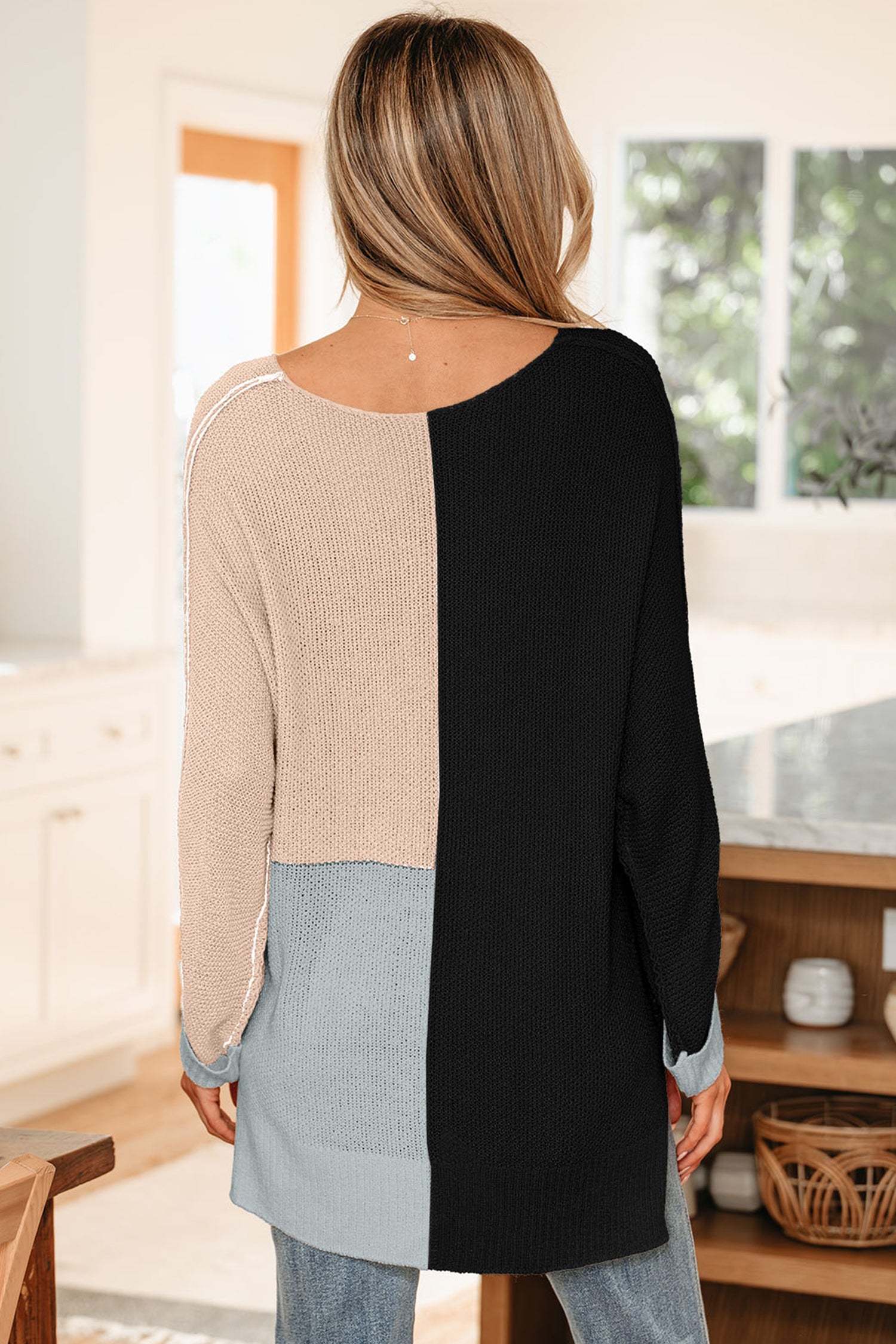 Black Color Block Knit V Neck Loose Sweater-TOPS / DRESSES-[Adult]-[Female]-2022 Online Blue Zone Planet