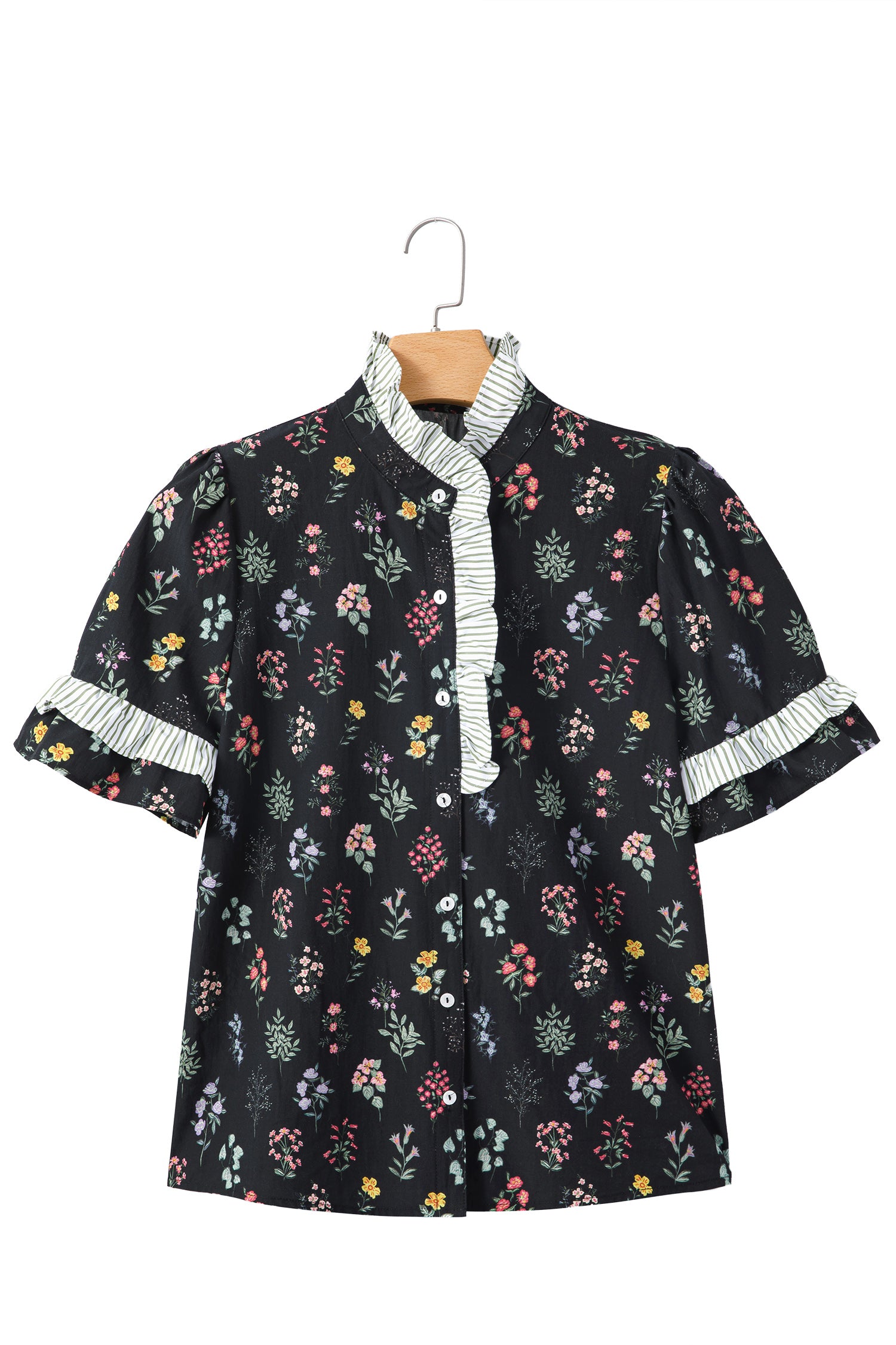 Black Contrast Frilled Trim Short Sleeve Floral Shirt-Tops/Blouses & Shirts-[Adult]-[Female]-2022 Online Blue Zone Planet