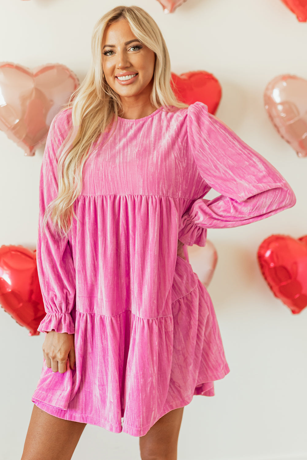 Blue Zone Planet | Strawberry Pink Flounce Sleeve Tiered Ruffled Velvet Mini Dress-TOPS / DRESSES-[Adult]-[Female]-Strawberry Pink-S-2022 Online Blue Zone Planet