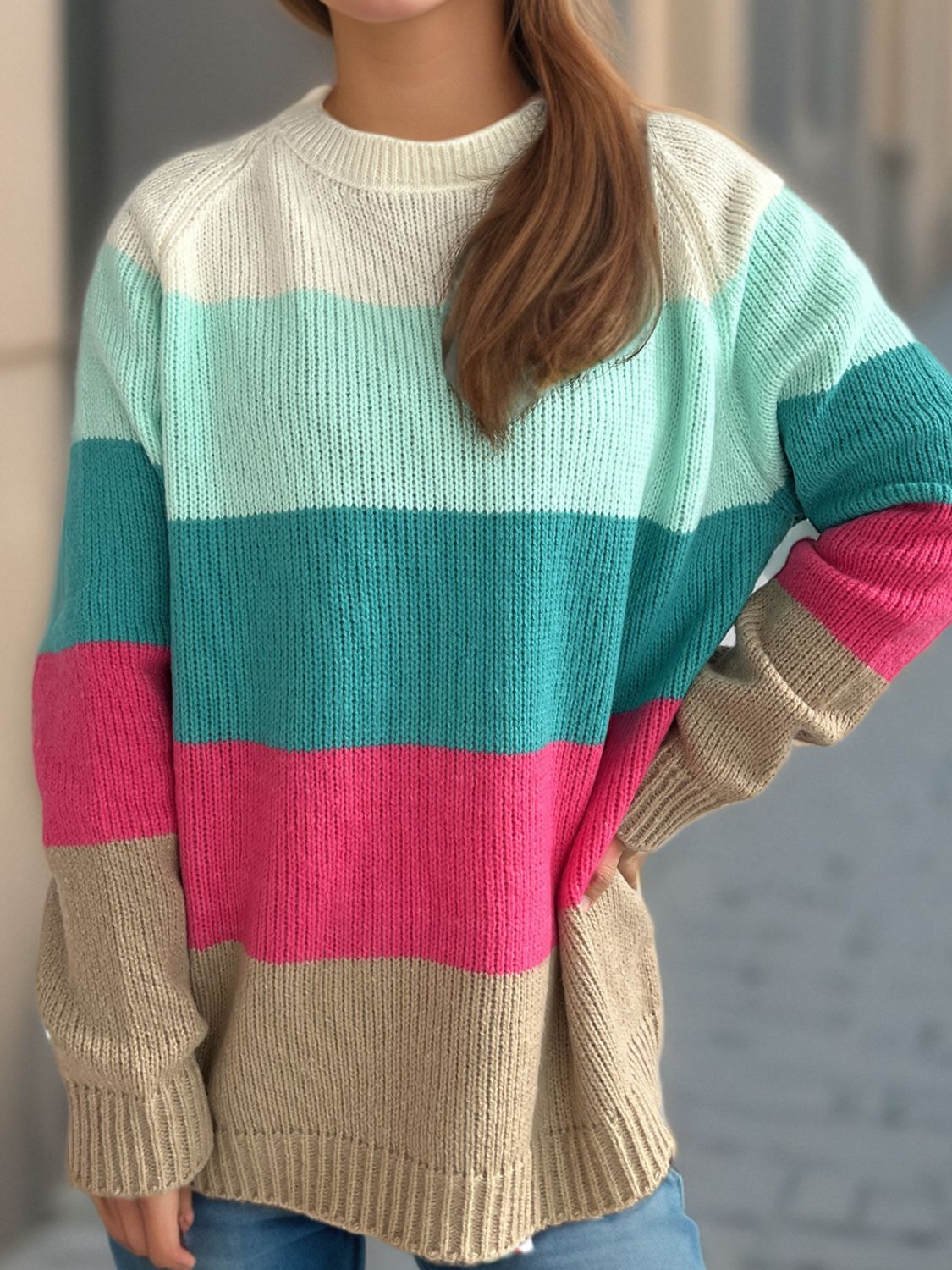 Blue Zone Planet | Color Block Round Neck Long Sleeve Sweater-TOPS / DRESSES-[Adult]-[Female]-2022 Online Blue Zone Planet