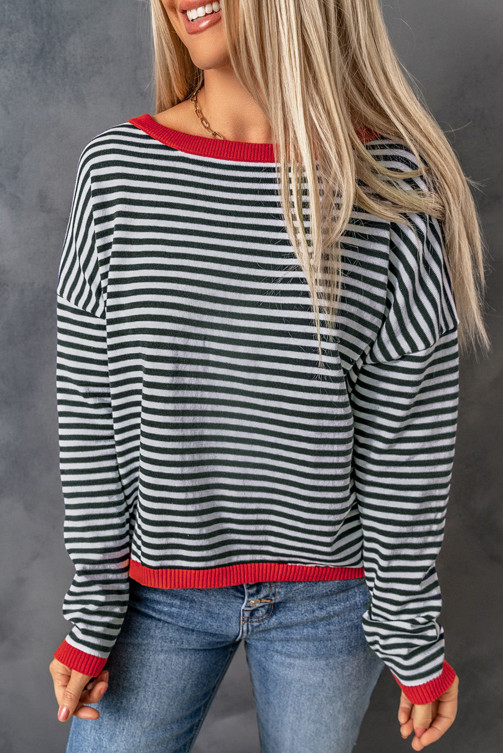 Fiery Red Contrast Trimmed Striped Drop Shoulder Sweater-Sweaters & Cardigans/Sweaters-[Adult]-[Female]-Stripe-S-2022 Online Blue Zone Planet