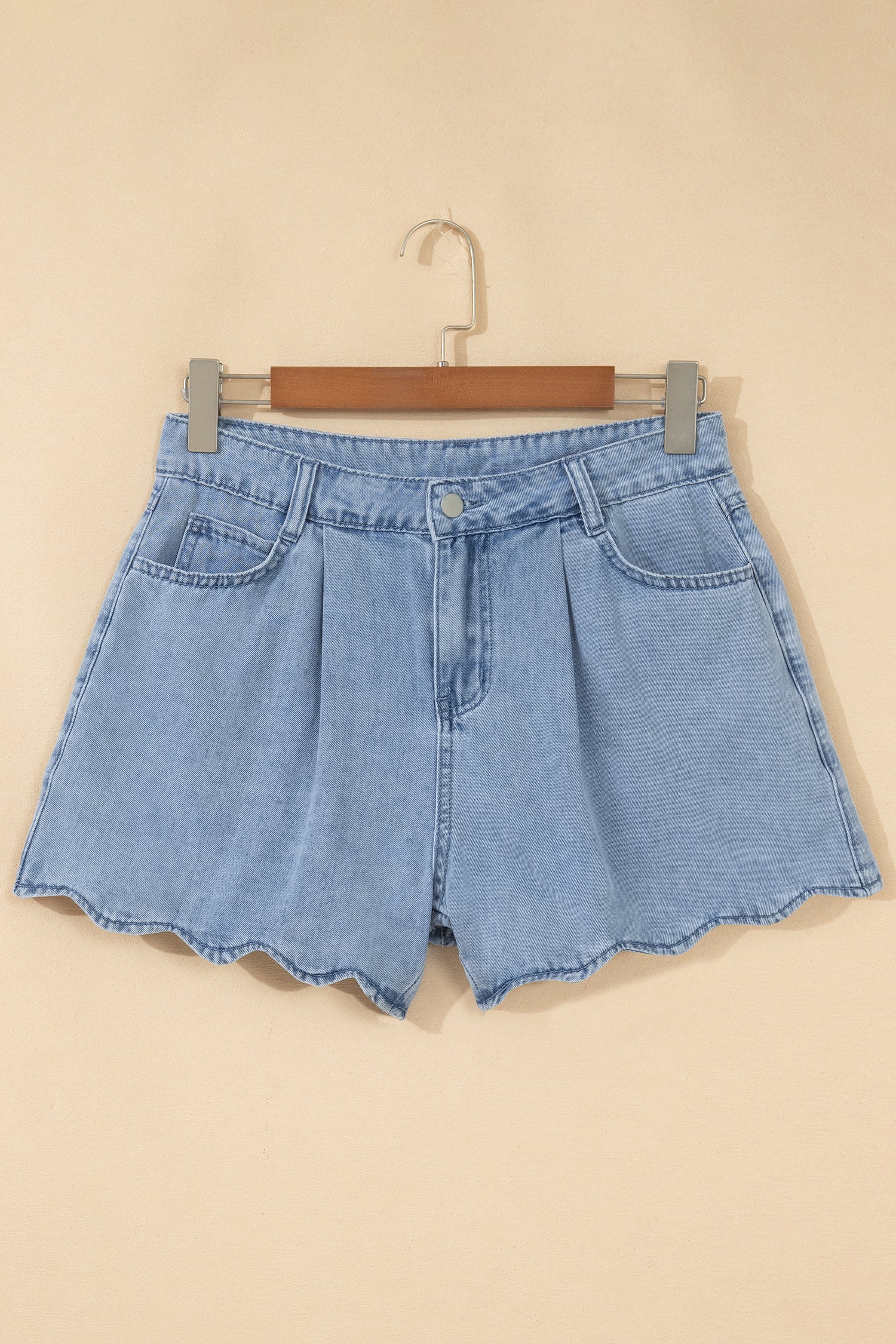 Myosotis Solid Color Scalloped Trim Casual Denim Shorts-Bottoms/Denim Shorts-[Adult]-[Female]-2022 Online Blue Zone Planet