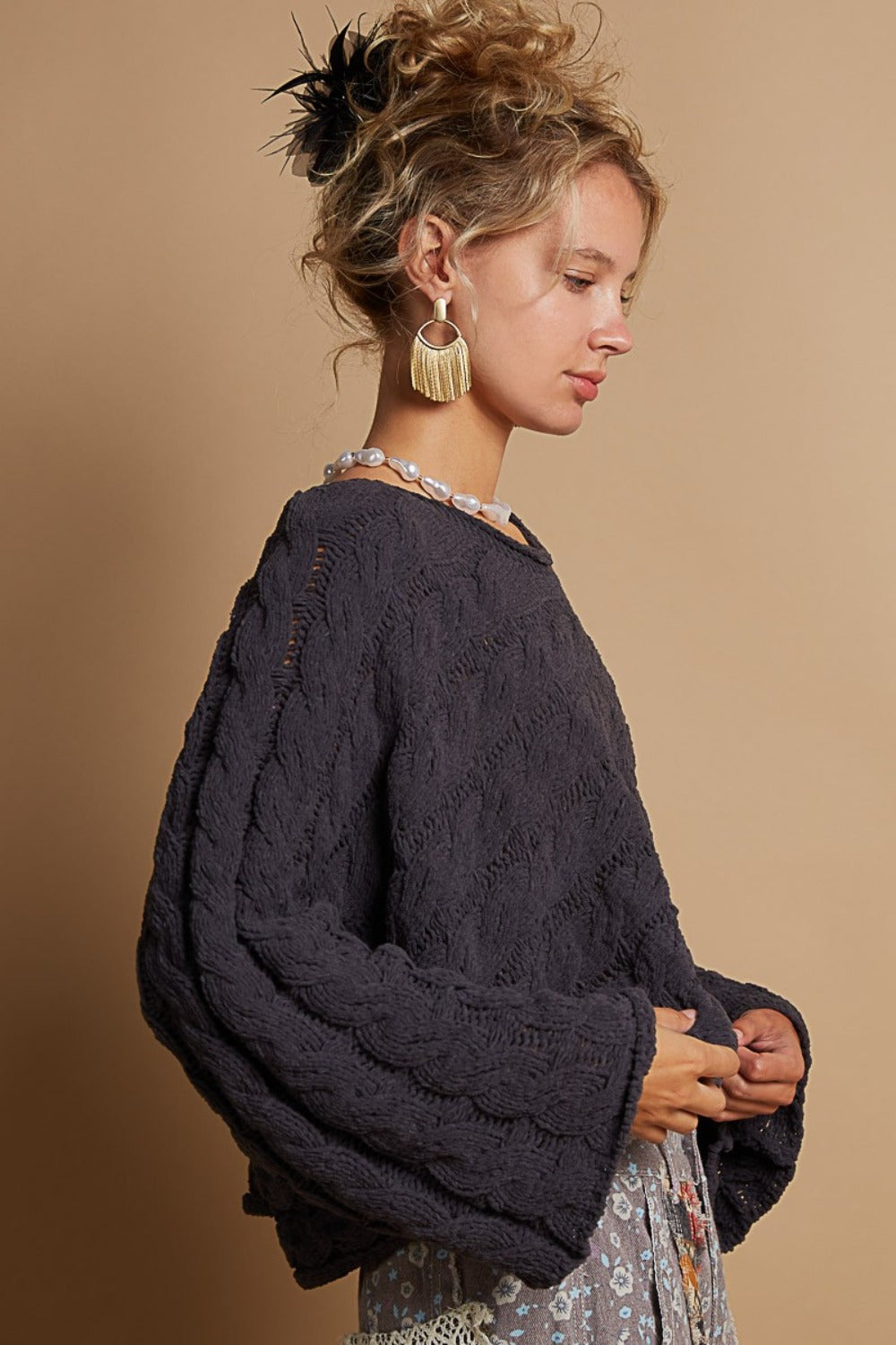 POL Round Neck Cable Knit Cropped Sweater-TOPS / DRESSES-[Adult]-[Female]-2022 Online Blue Zone Planet