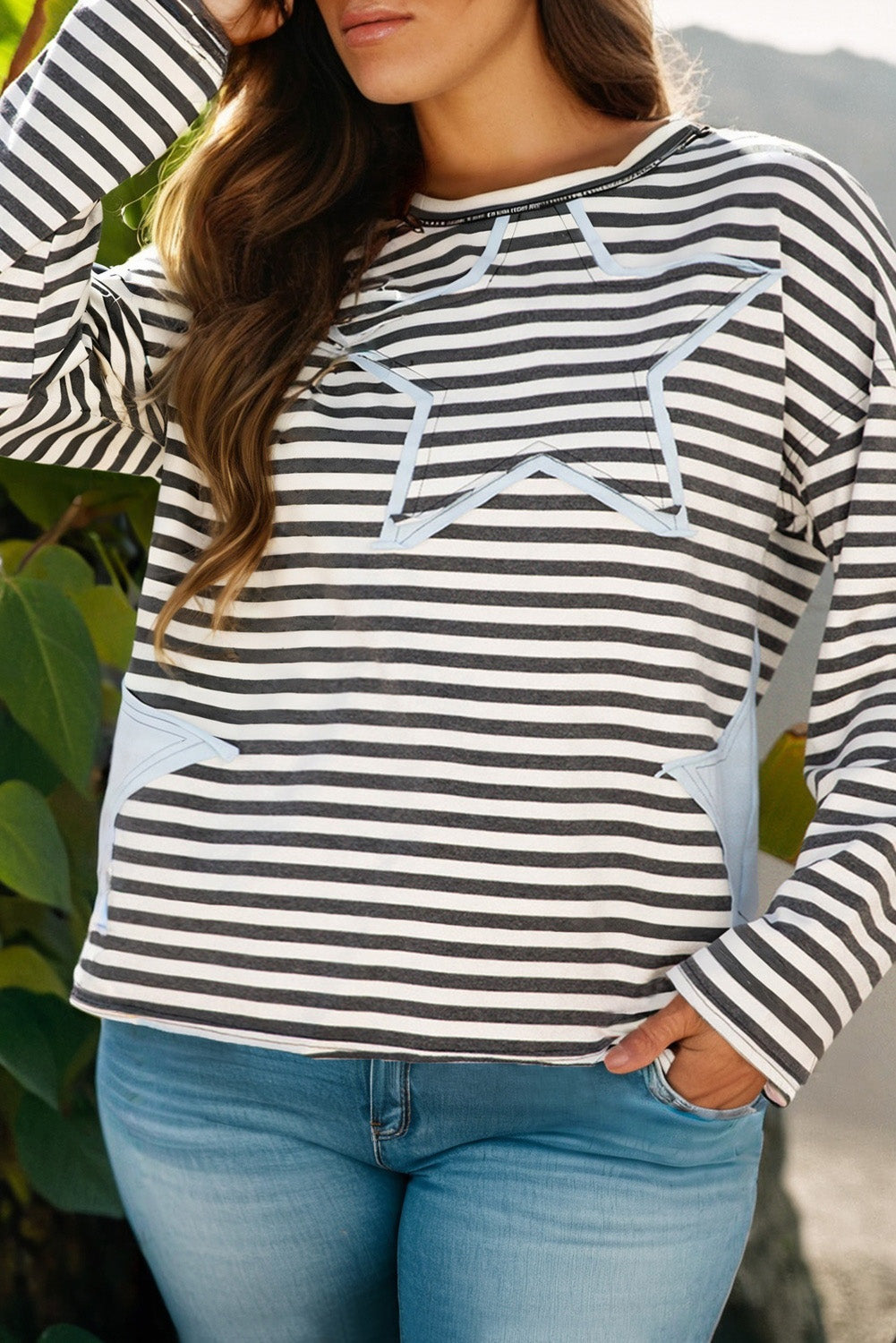 Gray Stripe Contrast Star Stitched Plus Size Long Sleeve Top-Plus Size/Plus Size Tops/Plus Size Long Sleeve Tops-[Adult]-[Female]-2022 Online Blue Zone Planet