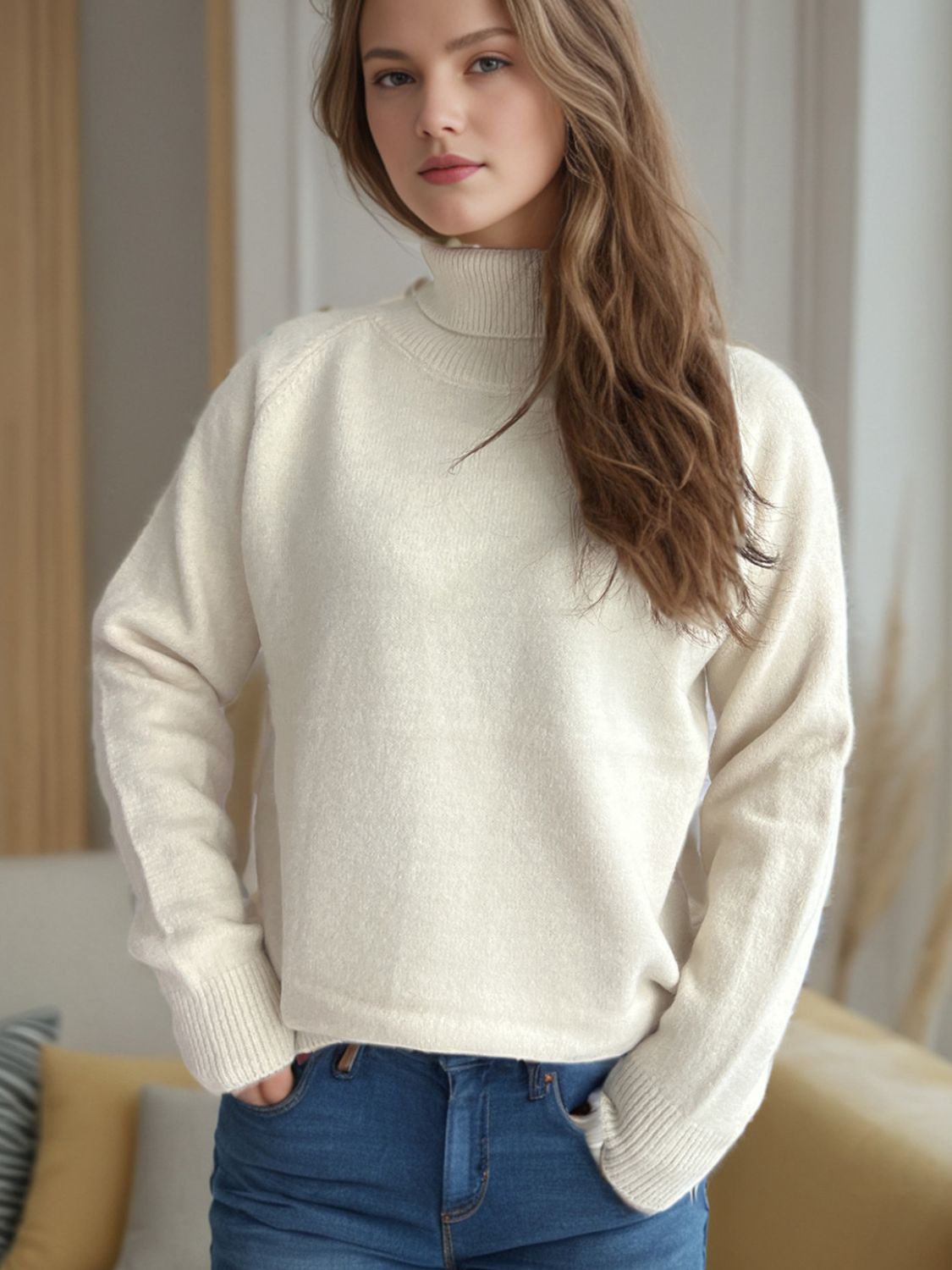 Blue Zone Planet | Solid Color Turtleneck Long Sleeve Sweater-TOPS / DRESSES-[Adult]-[Female]-2022 Online Blue Zone Planet