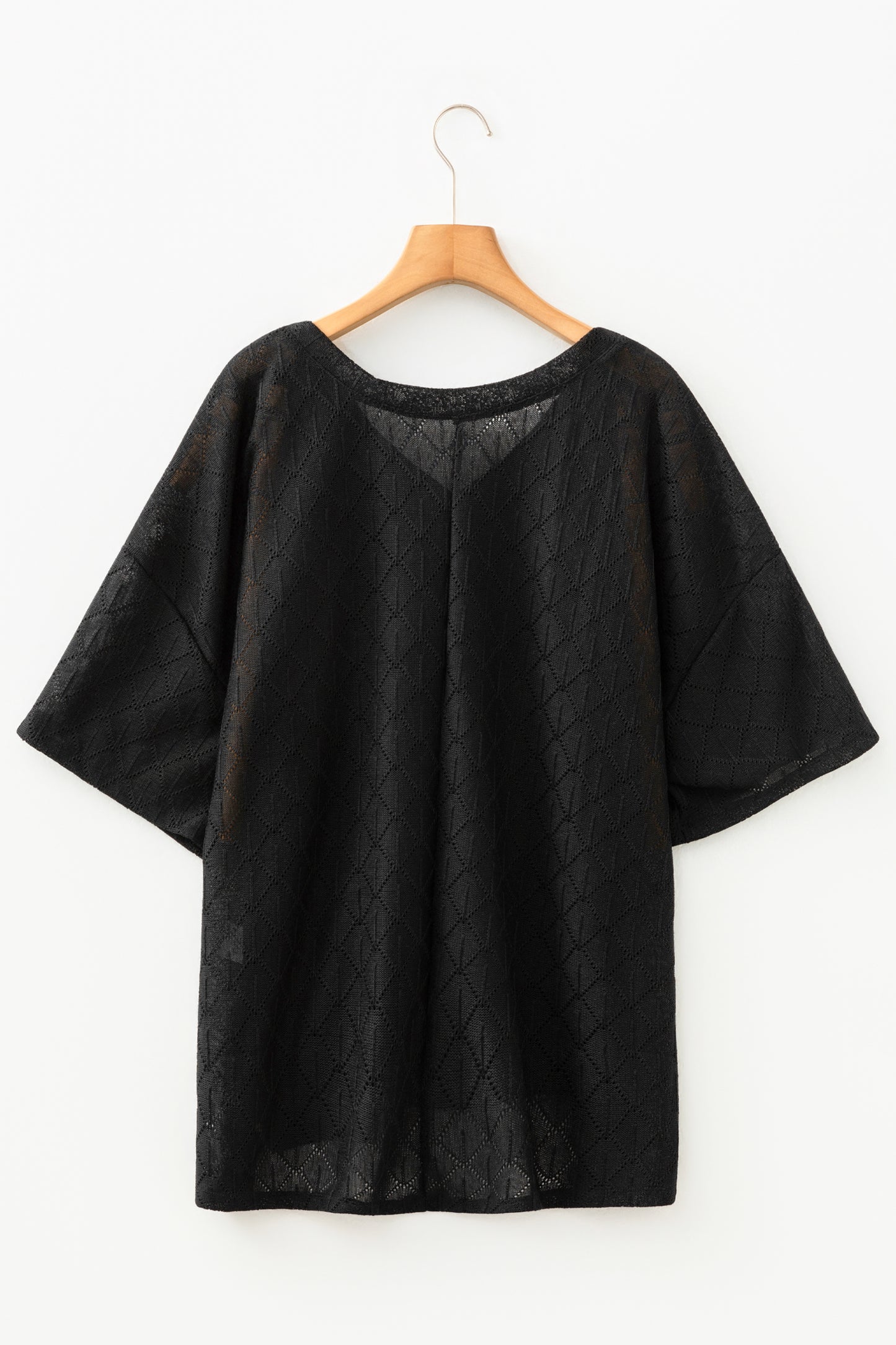 Sky Blue Pointelle Rhombus Knit Plus Size V Neck Loose Top-Plus Size/Plus Size Tops/Plus Size Tops & Tees-[Adult]-[Female]-2022 Online Blue Zone Planet