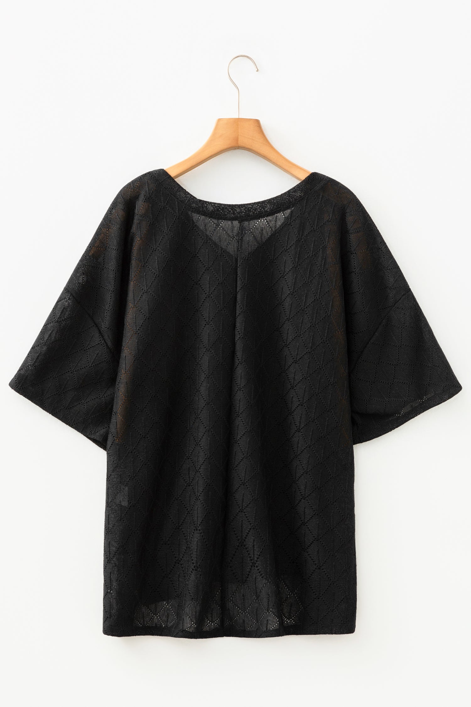 Sky Blue Pointelle Rhombus Knit Plus Size V Neck Loose Top-Plus Size/Plus Size Tops/Plus Size Tops & Tees-[Adult]-[Female]-2022 Online Blue Zone Planet