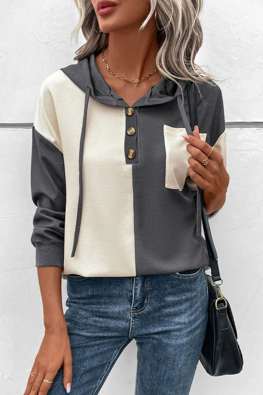 Dark Grey Waffle Colorblock Buttons Placket Drop Shoulder Drawstring Hoodie-Tops/Sweatshirts & Hoodies-[Adult]-[Female]-Dark Grey-S-2022 Online Blue Zone Planet