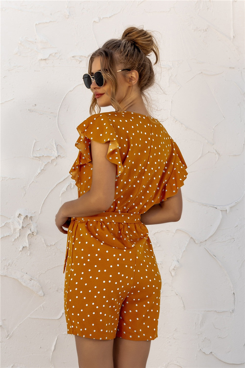 Ruffled Polka Dot Half Button Romper-TOPS / DRESSES-[Adult]-[Female]-2022 Online Blue Zone Planet