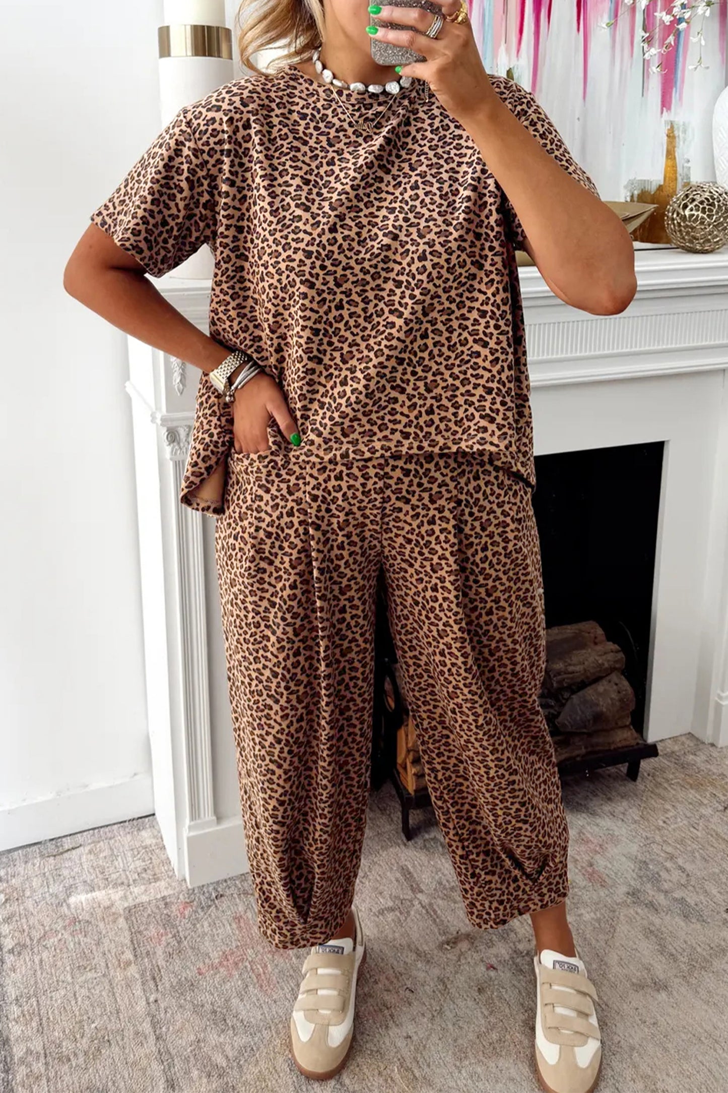 Brown Leopard Loose Tee Drawstring Waist Barrel Pants Set-Two Piece Sets/Pant Sets-[Adult]-[Female]-Brown-S-2022 Online Blue Zone Planet