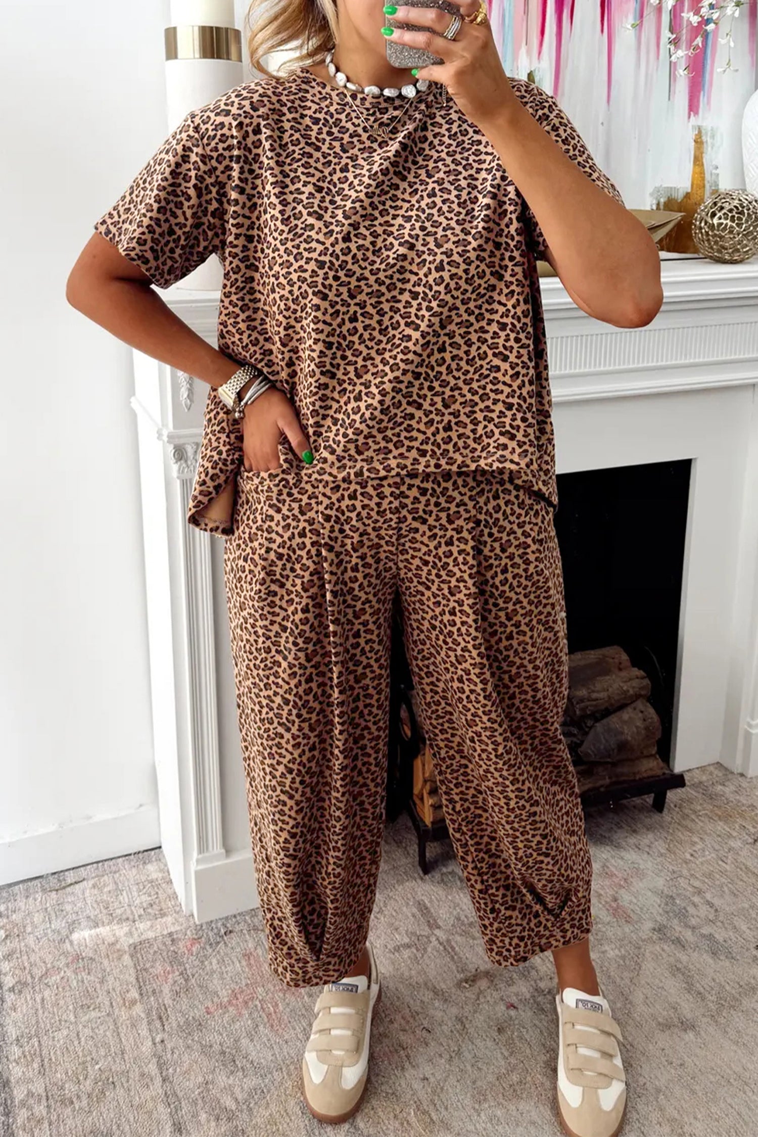 Brown Leopard Loose Tee Drawstring Waist Barrel Pants Set-Two Piece Sets/Pant Sets-[Adult]-[Female]-Brown-S-2022 Online Blue Zone Planet