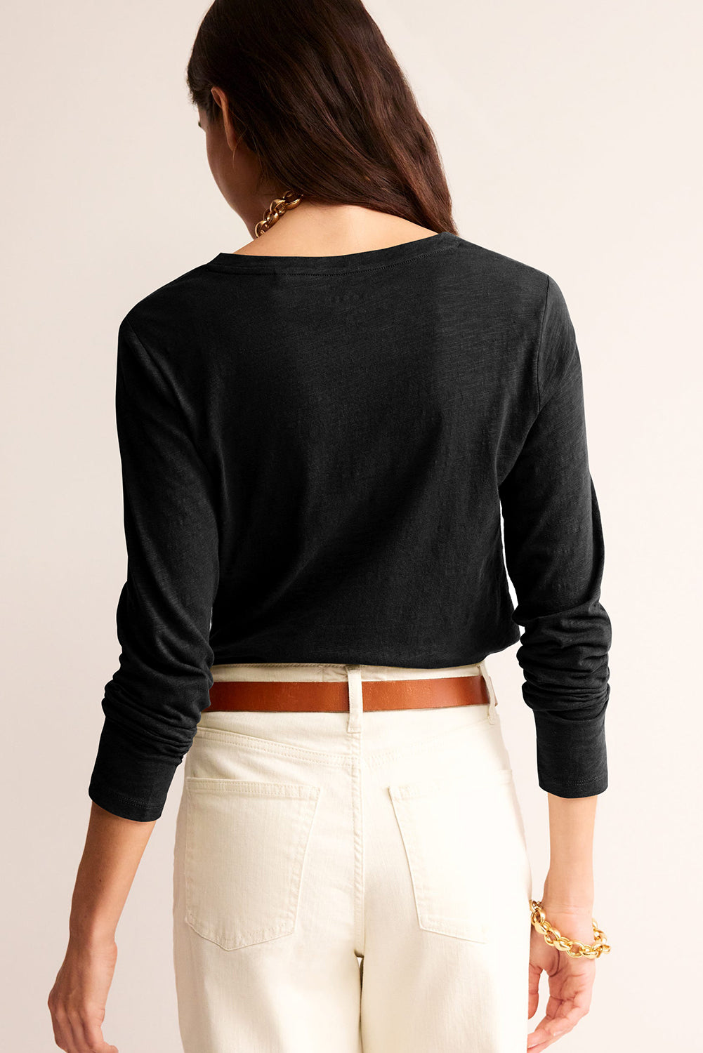 Black Solid Color V Neck Long Sleeve Stretchy Top-Tops/Long Sleeve Tops-[Adult]-[Female]-2022 Online Blue Zone Planet