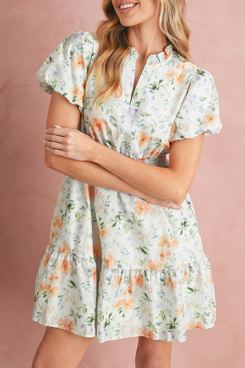 Beige Floral Print Smocked High Waist Puff Sleeve Mini Dress-TOPS / DRESSES-[Adult]-[Female]-Beige-L-2022 Online Blue Zone Planet