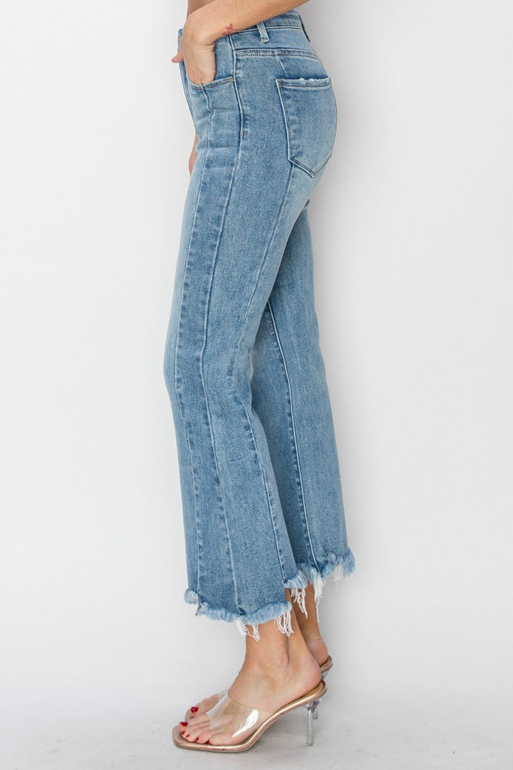 RISEN Full Size High Rise Frayed Hem Flare Jeans-BOTTOMS SIZES SMALL MEDIUM LARGE-[Adult]-[Female]-2022 Online Blue Zone Planet