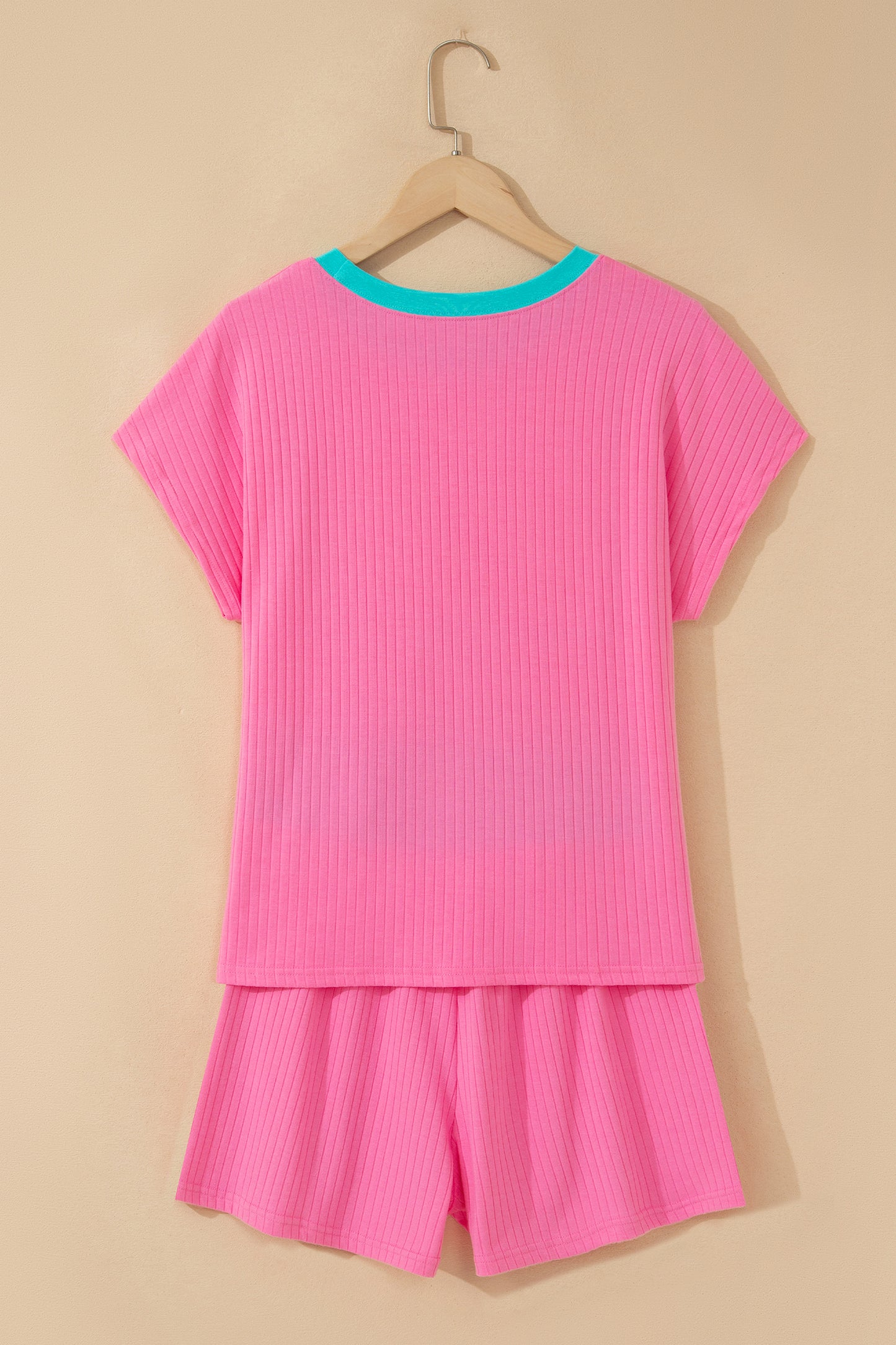 Mist Blue Soft Ribbed Color Block Trim Casual Short Set-Two Piece Sets/Short Sets-[Adult]-[Female]-2022 Online Blue Zone Planet