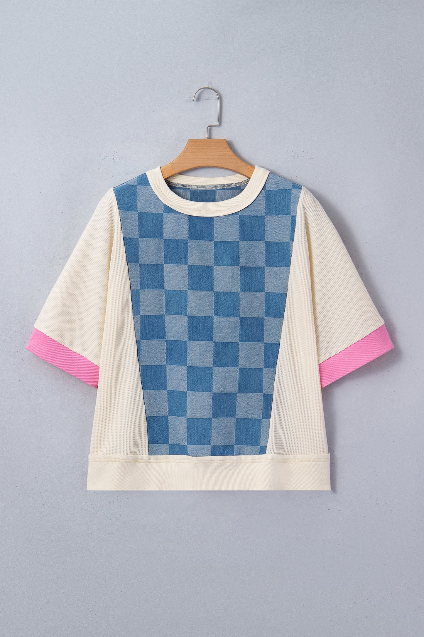 Dusk Blue Checkered Denim Patchwork Short Sleeve Loose Top-Tops/Tops & Tees-[Adult]-[Female]-2022 Online Blue Zone Planet