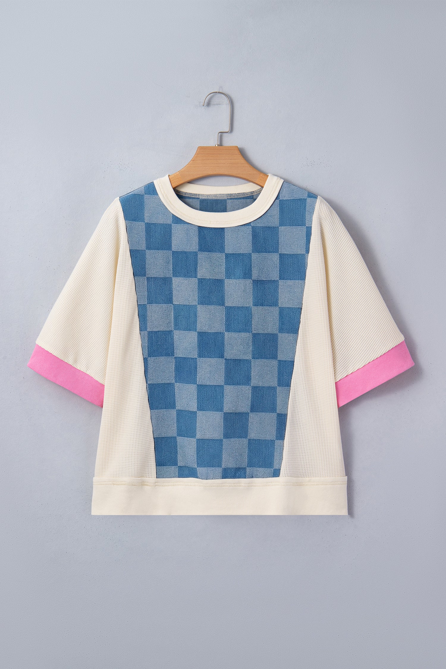 Dusk Blue Checkered Denim Patchwork Short Sleeve Loose Top-Tops/Tops & Tees-[Adult]-[Female]-2022 Online Blue Zone Planet
