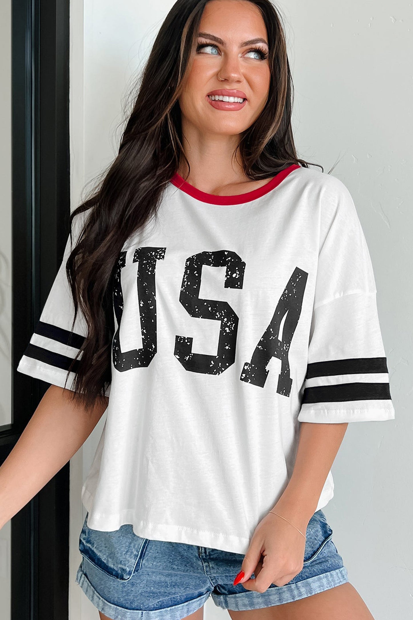 White Usa Letter Printed Varsity Striped Sleeve Round Neck Tee-Tops/Tops & Tees-[Adult]-[Female]-2022 Online Blue Zone Planet