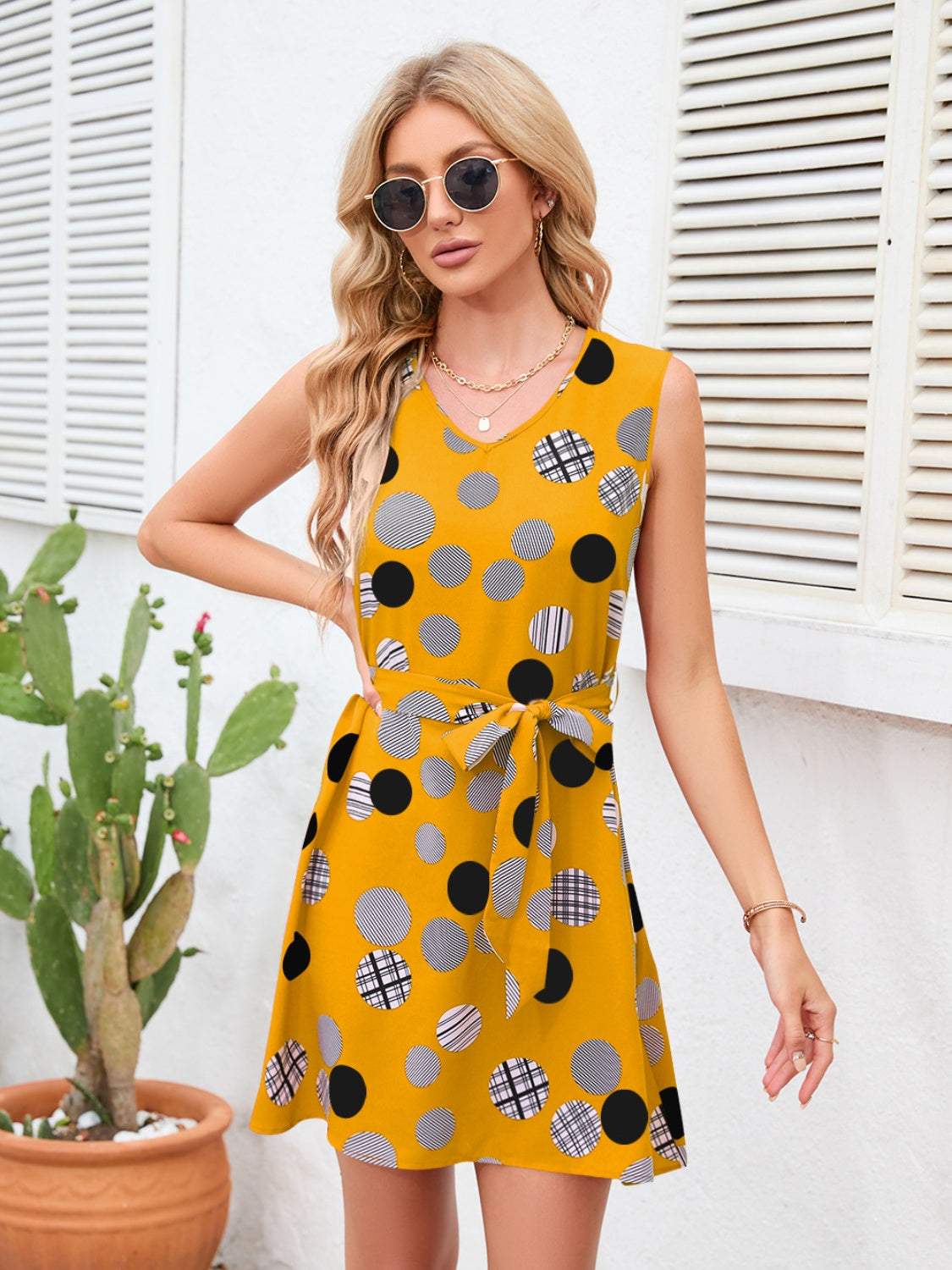 Tied Polka Dot V-Neck Dress-TOPS / DRESSES-[Adult]-[Female]-Yellow-S-2022 Online Blue Zone Planet