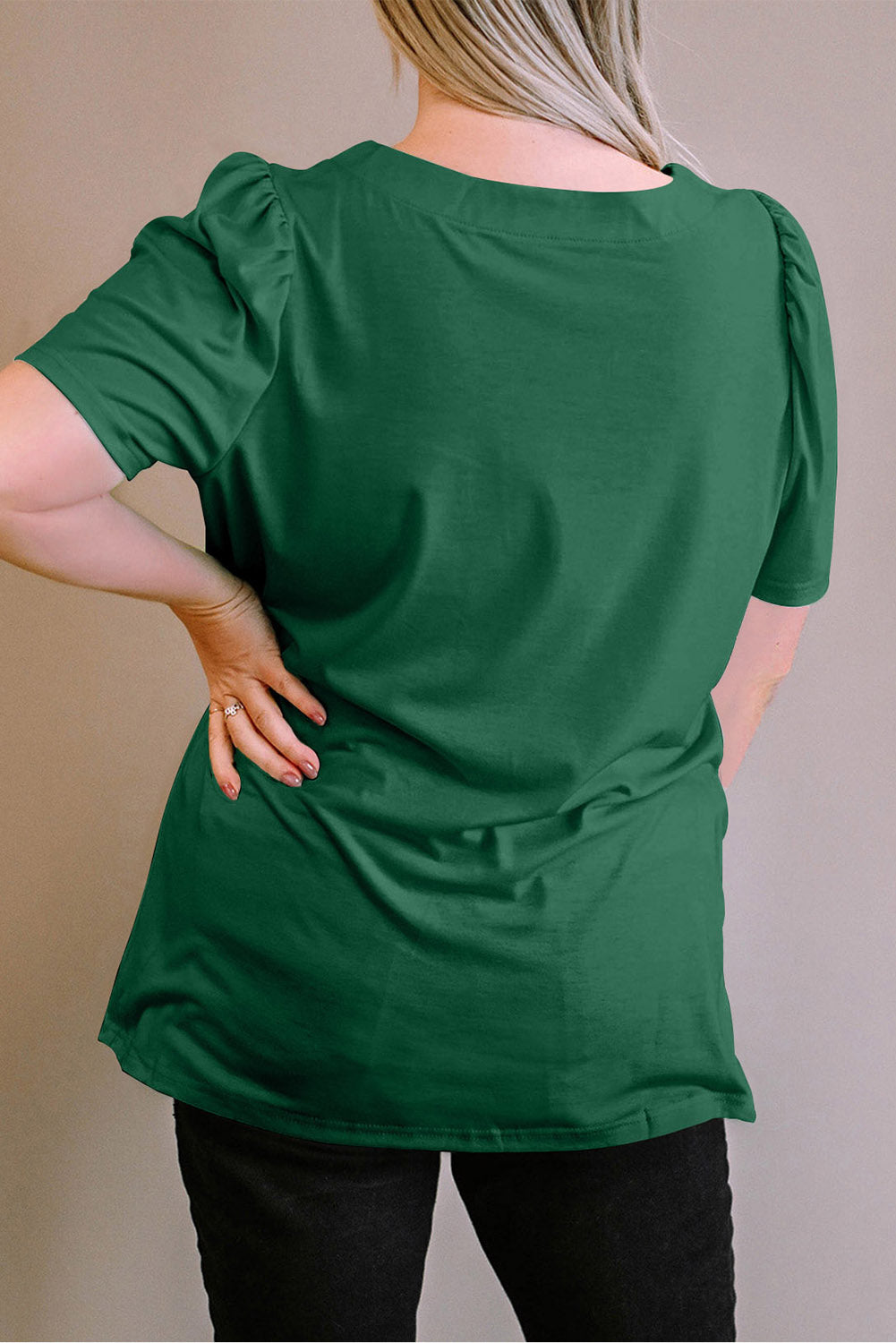 Black Plus Size Square Neck Ruched Shoulder Short Sleeve Top-Sale (50% OFF)/20% OFF-[Adult]-[Female]-2022 Online Blue Zone Planet