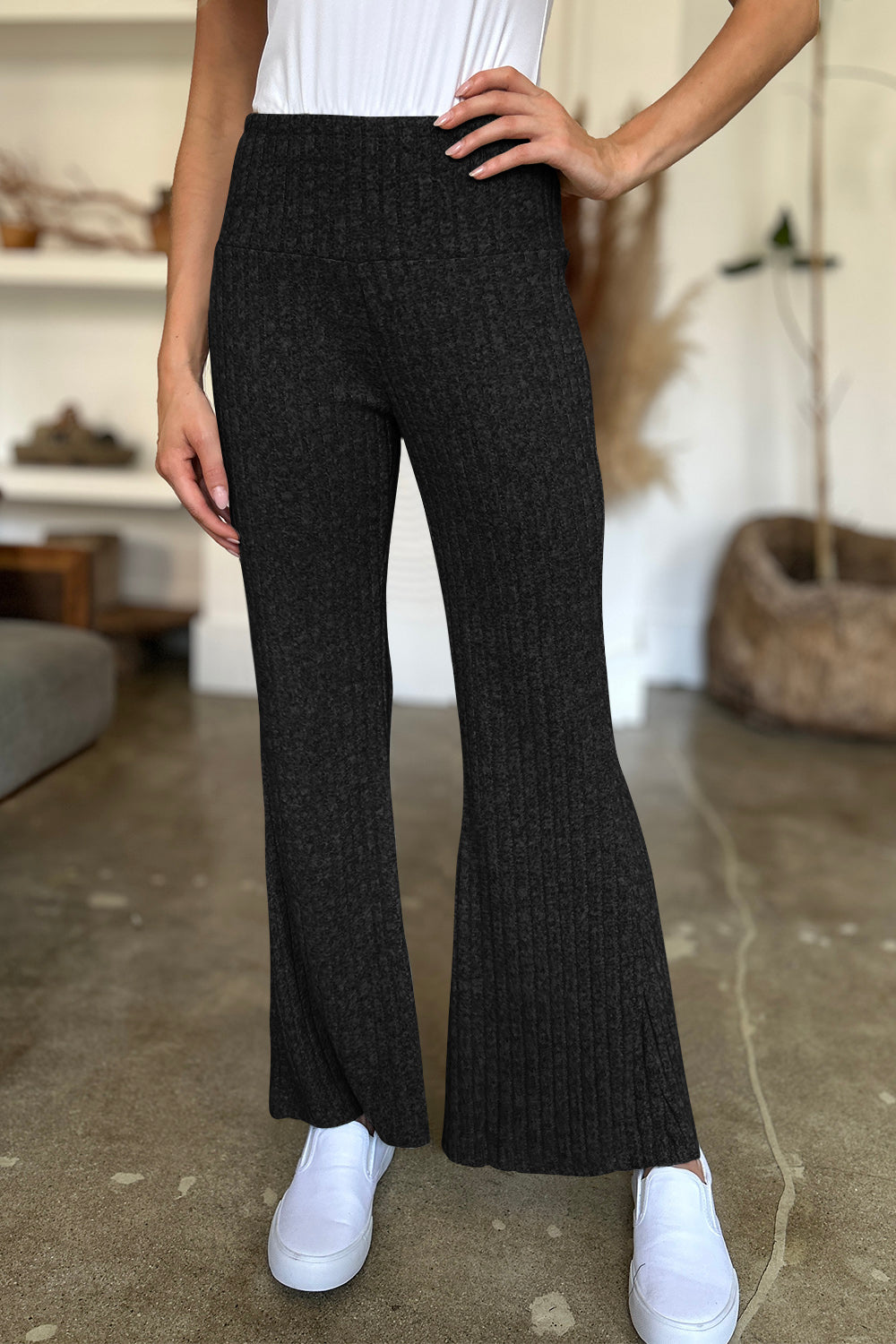 Blue Zone Planet | FAM-FAM Ribbed High Waist Flare Pants-BOTTOMS SIZES SMALL MEDIUM LARGE-[Adult]-[Female]-Black-S-2022 Online Blue Zone Planet